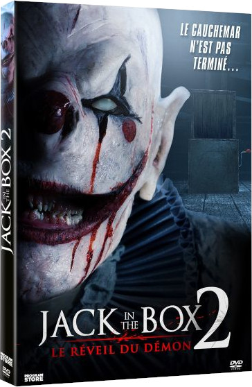 DVD-hoes voor "Jack in the Box 2", een horrorfilm. De cover toont een enge clown met bloed op zijn gezicht.