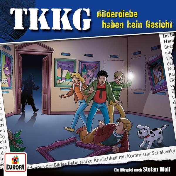 Cover eines TKKG-Buches. Vier Kinder sind in einem Museum. Im Hintergrund eine Schattenfigur.