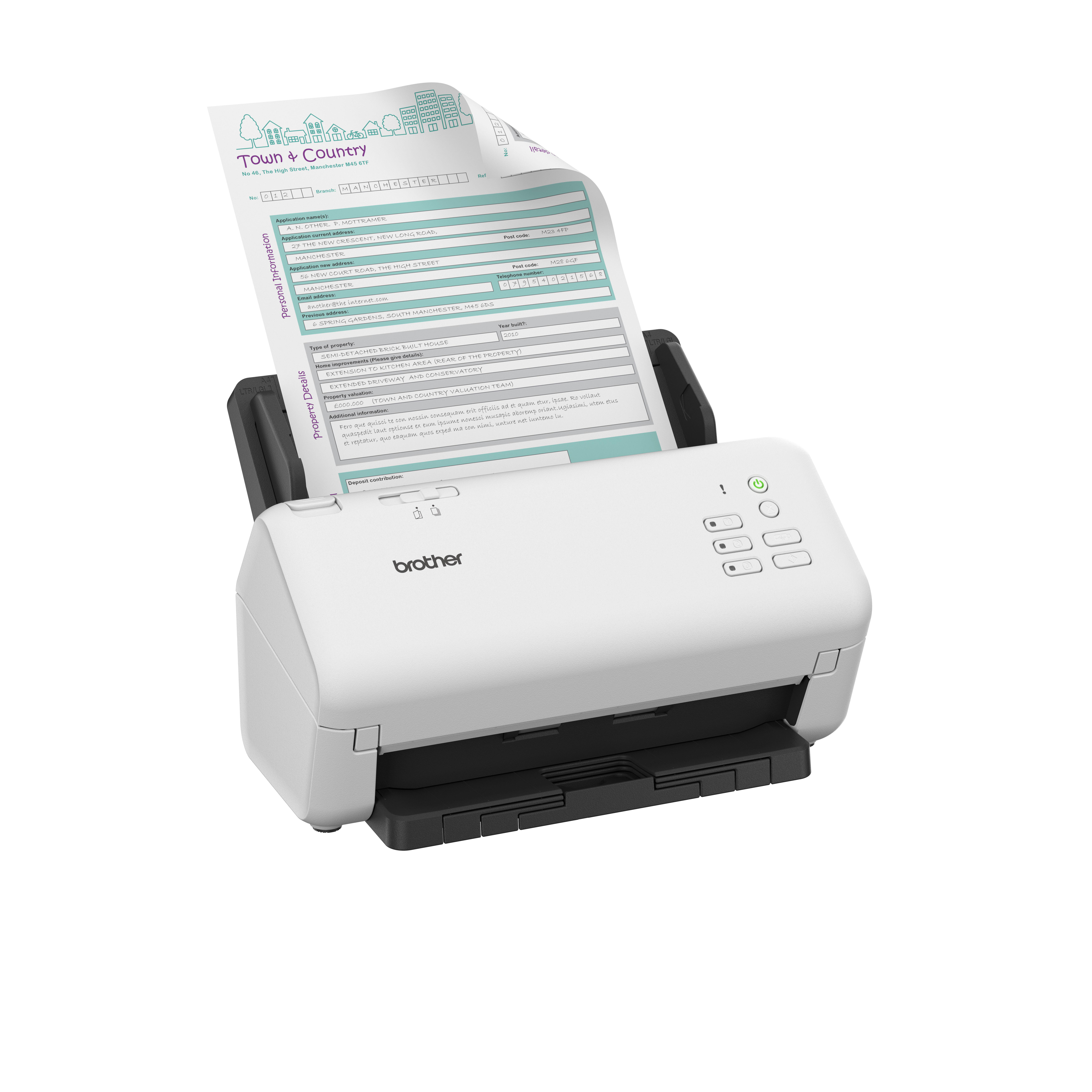 Weißer Brother-Scanner mit Dokument darin. Der Scanner befindet sich auf weißem Hintergrund.