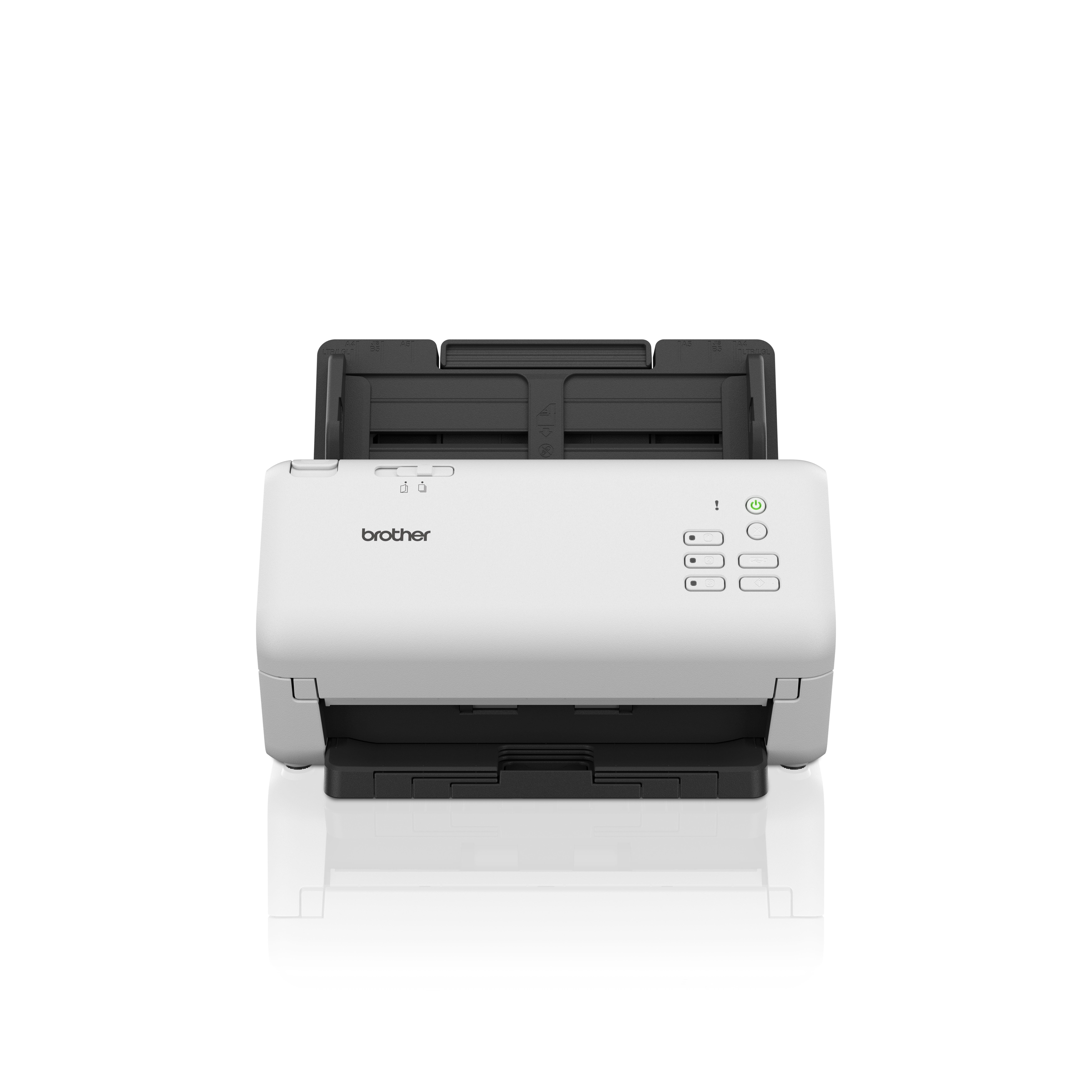 Weißer Brother-Scanner, offen, mit schwarzem Innenraum und weißer Oberfläche.