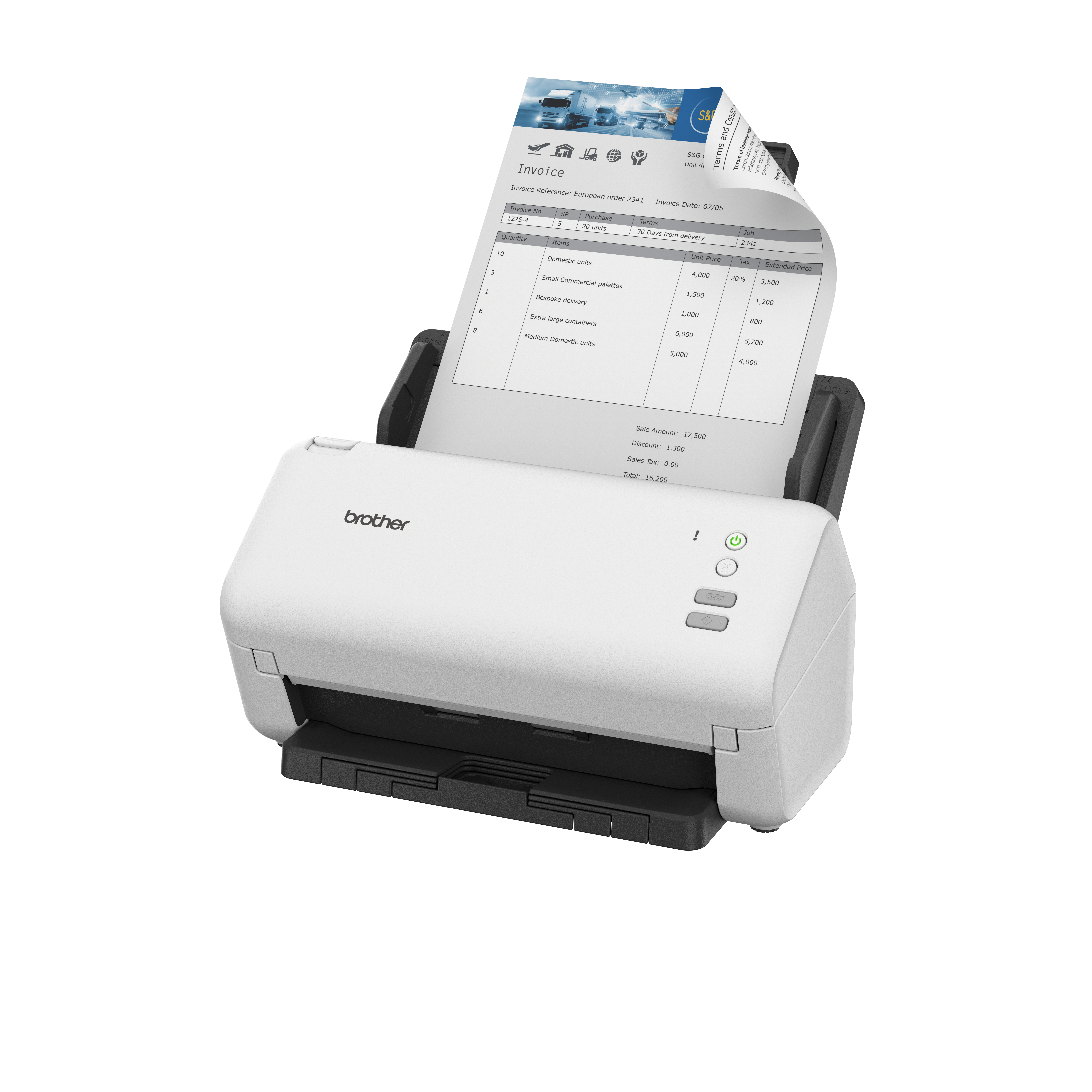 Weißer Brother Scanner mit gedruckter Rechnung, der den Scanvorgang zeigt.
