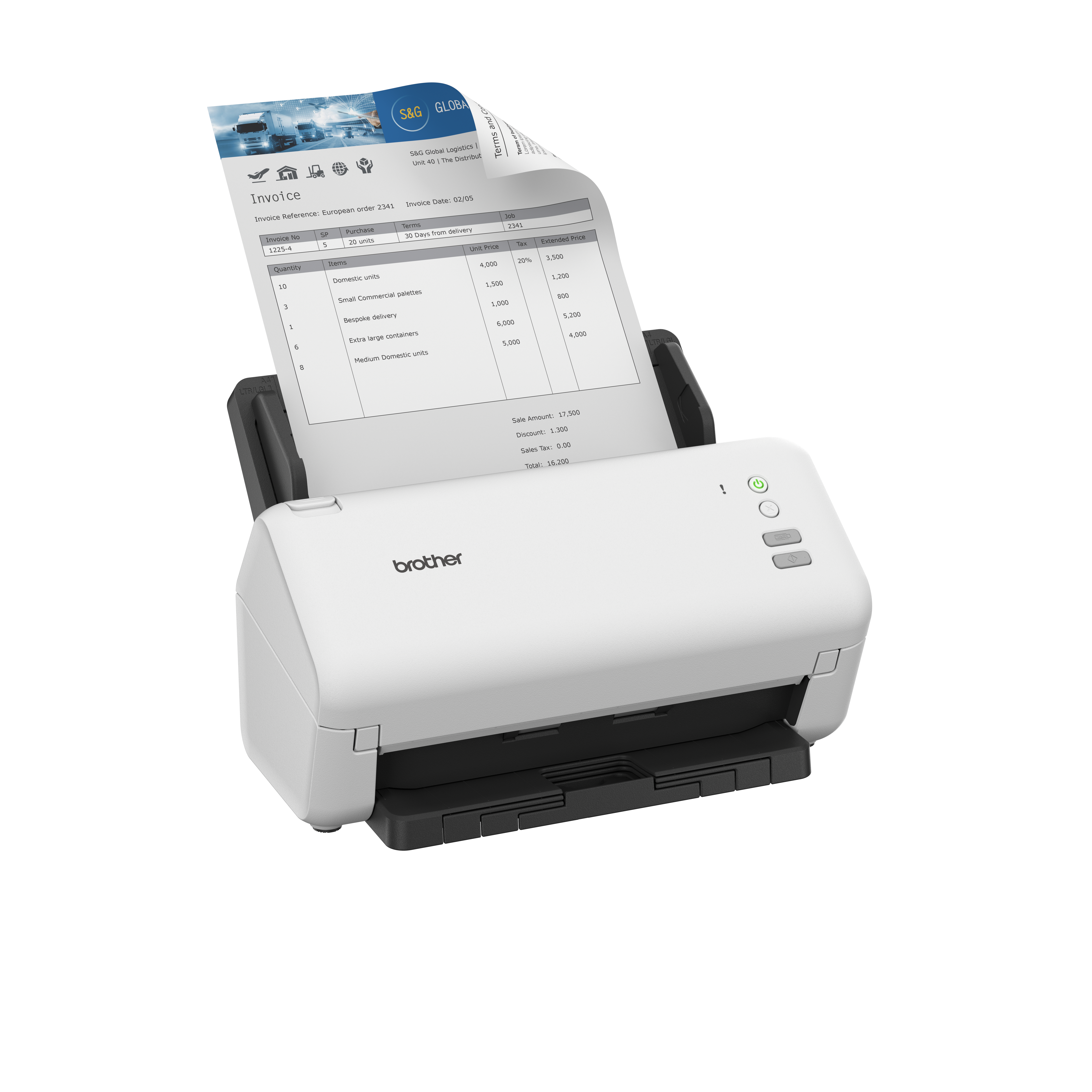 Weißer Scanner mit teilweise eingelegtem Dokument, das eine Rechnung zeigt.