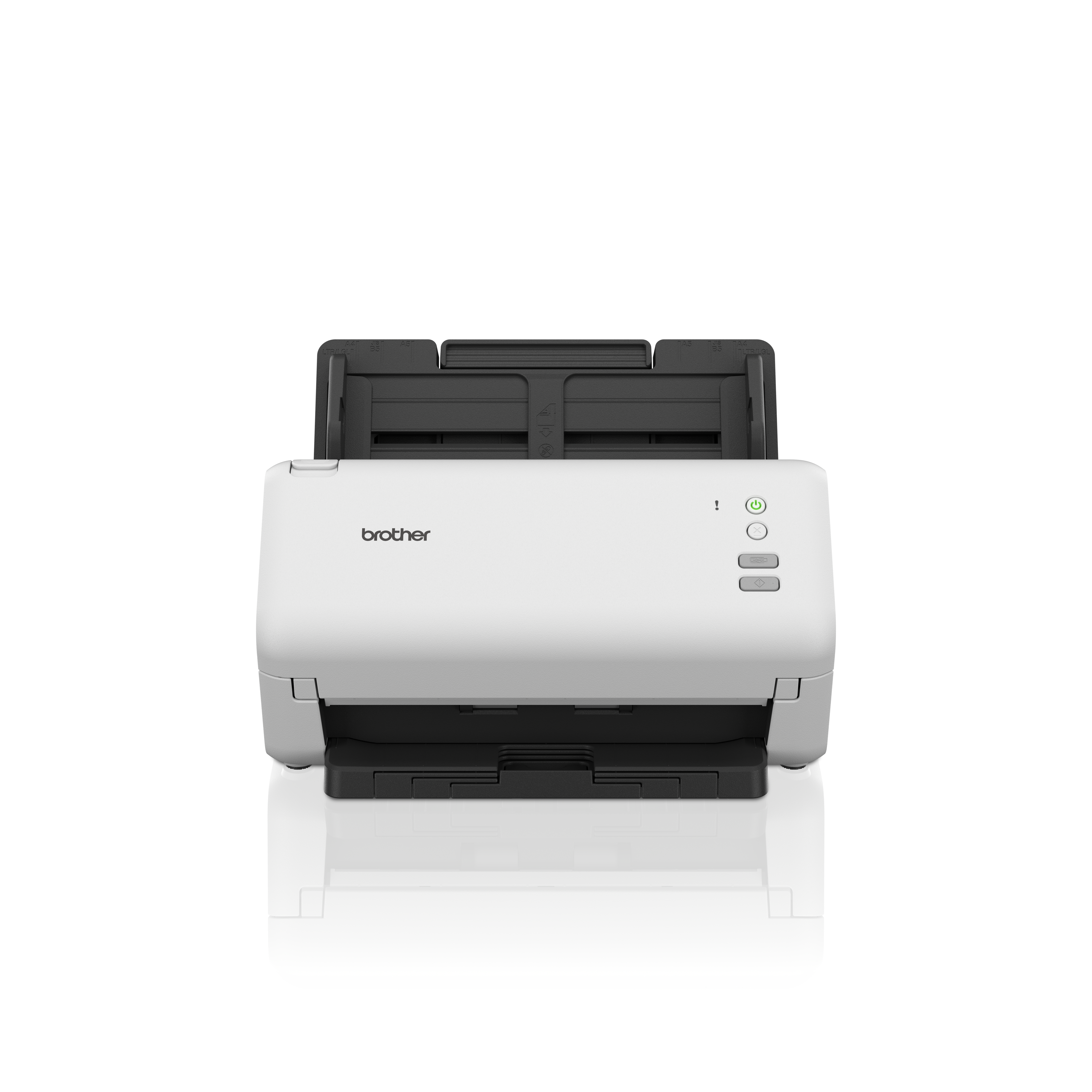 Weißer Brother-Scanner, geöffnet, auf weißer Oberfläche, Frontansicht, mit Spiegelung.