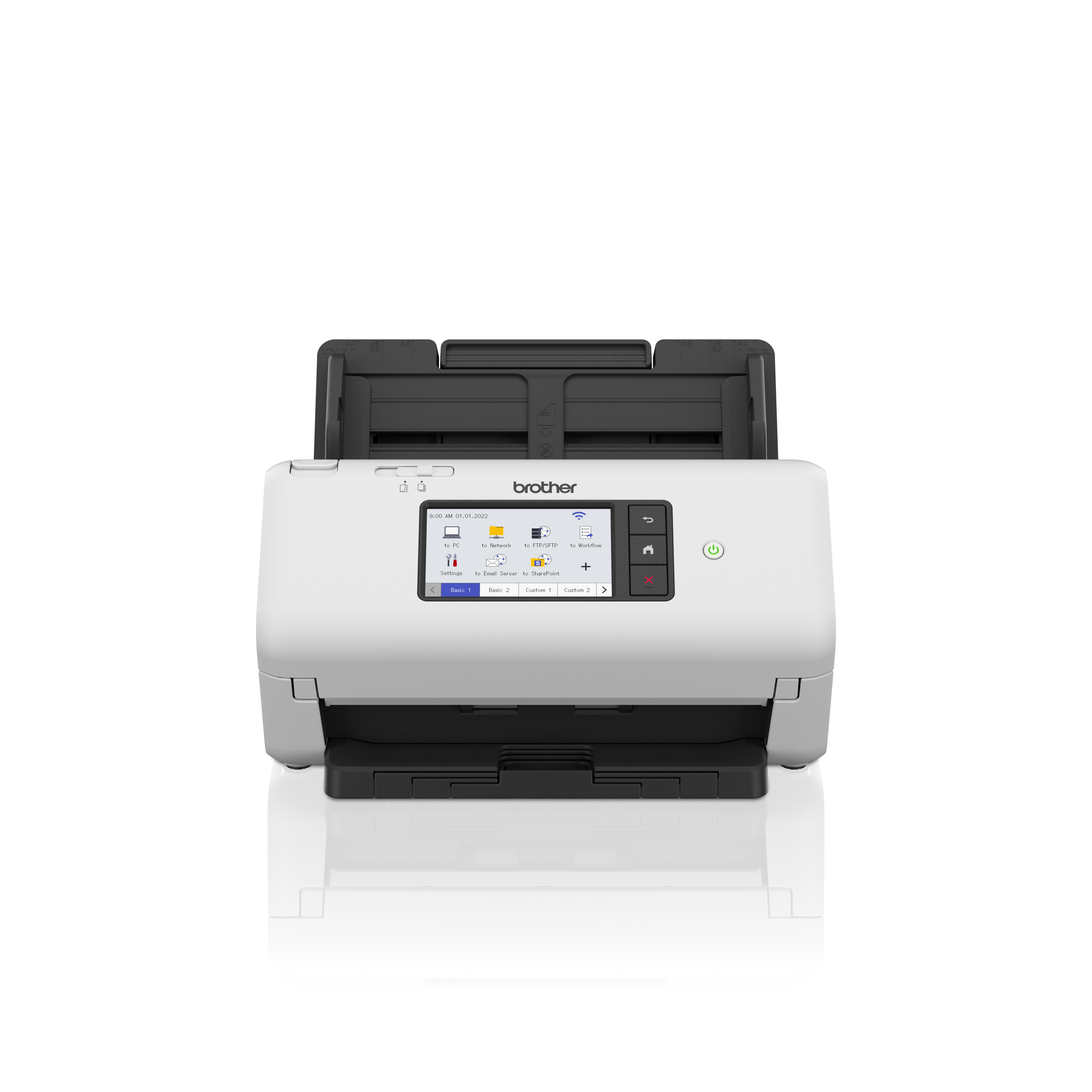 Weißer Brother-Scanner, offen mit Display. Weißer Hintergrund, Vorderansicht.