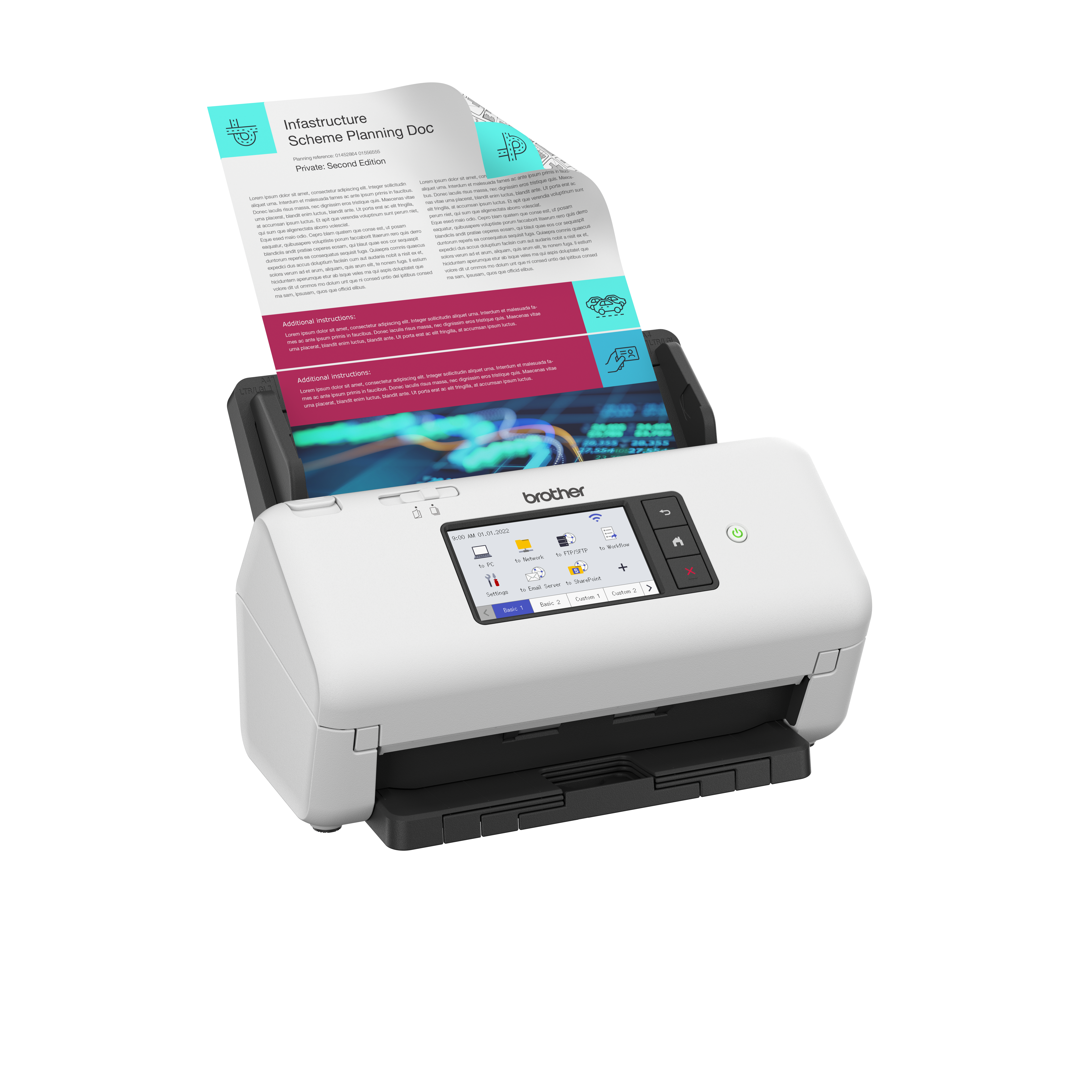 Ein weißer Scanner mit schwarzem Fach. Ein Dokument wird gescannt. Ein Bildschirm zeigt den Scanvorgang.