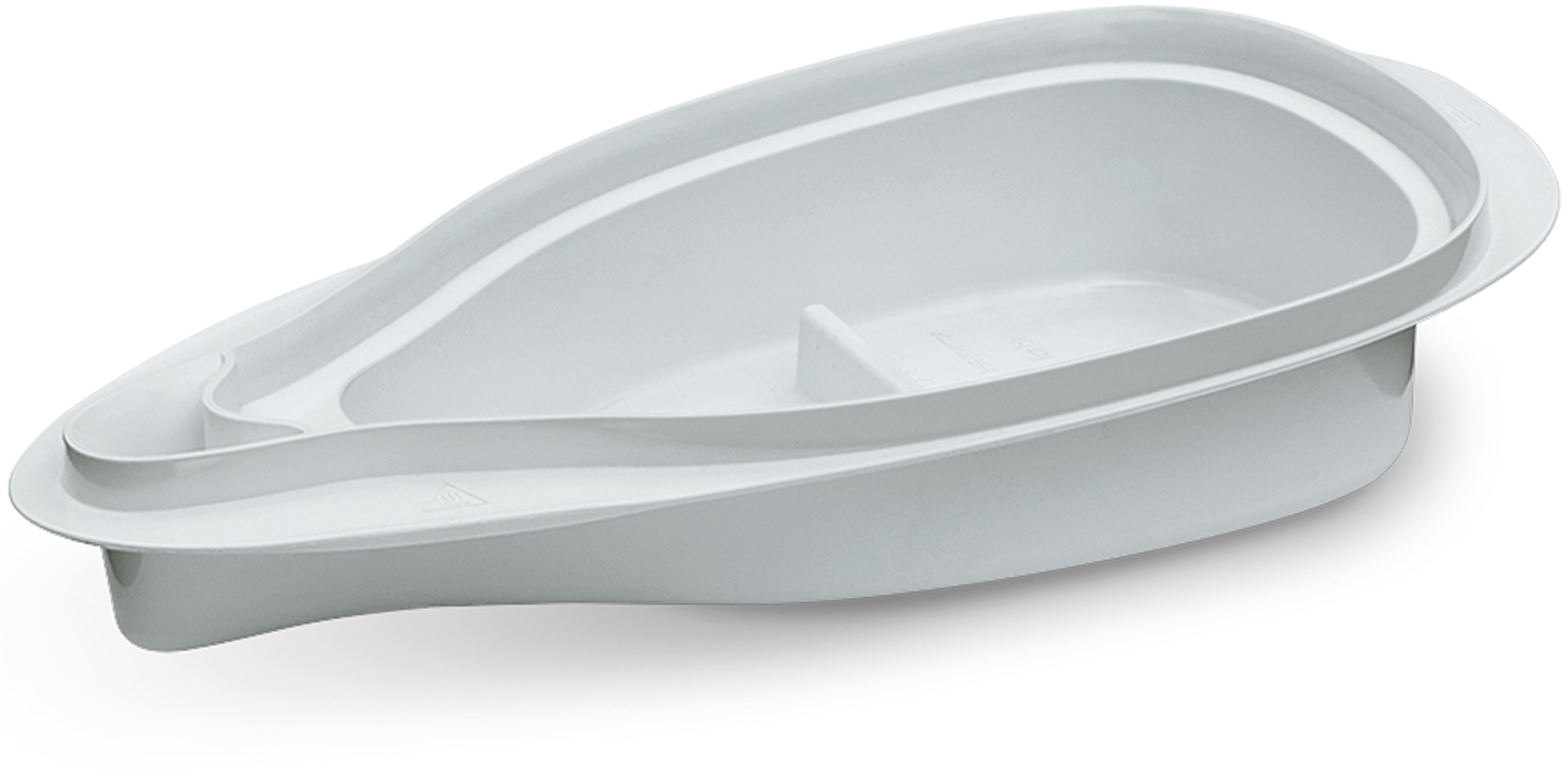 Witte medische plastic bak met een gebogen ontwerp op zwarte achtergrond.