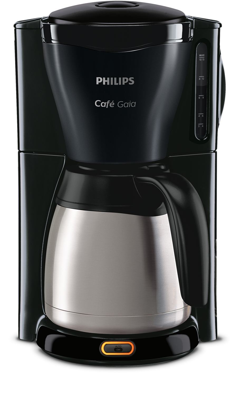 Zwarte Philips Cafe Gaia koffiezetapparaat met zilveren kan, zwarte achtergrond.