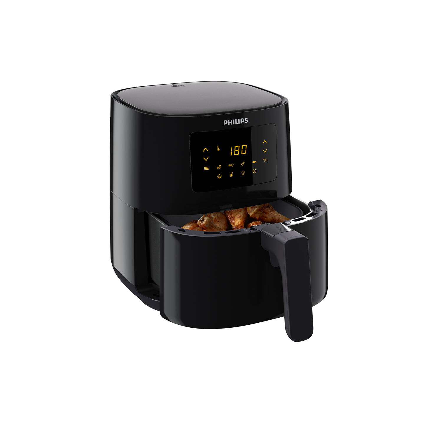 Black air fryer with open basket containing chicken. Display shows 180. Philips logo is visible.