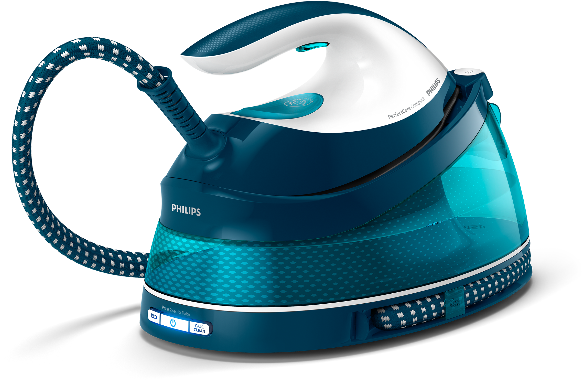 Een blauw en wit Philips PerfectCare Compact stoomstrijkijzer op een zwarte achtergrond.