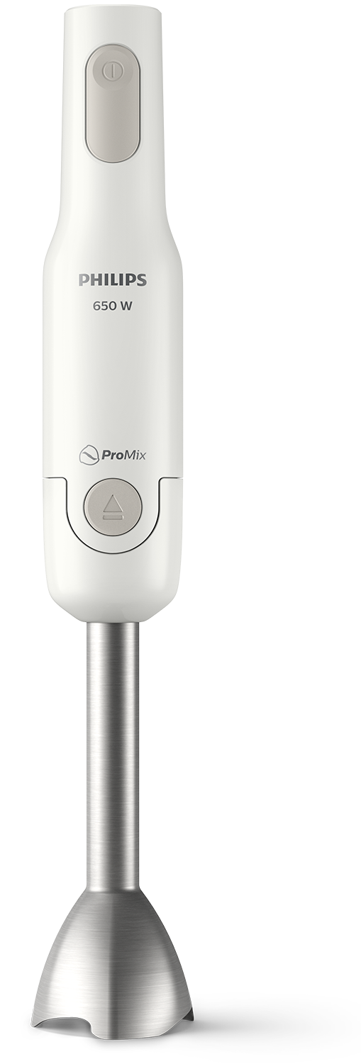 Witte Philips staafmixer met een zilveren mengopzetstuk.