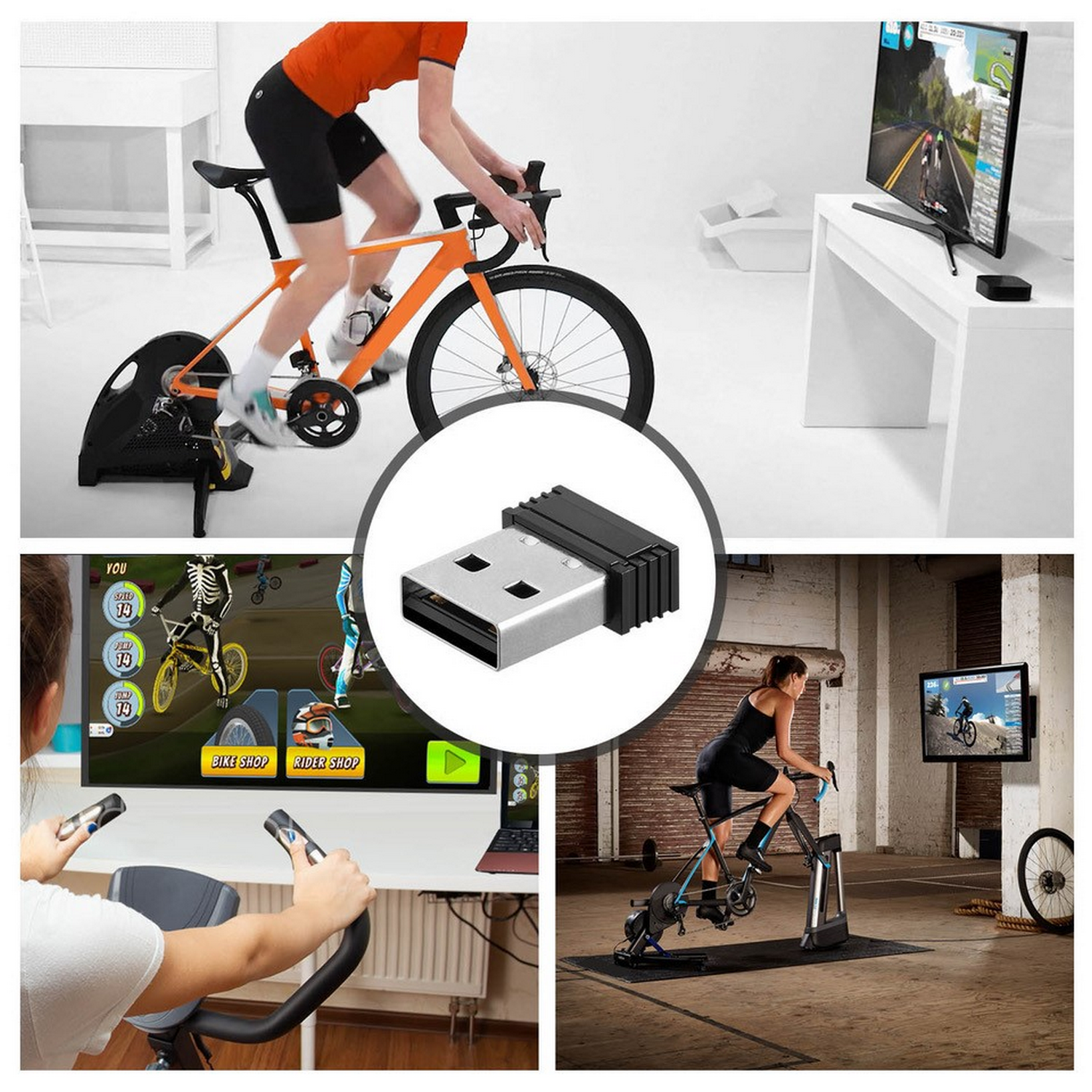 Múltiples imágenes muestran a una persona montando en bicicleta en interiores, un USB y un monitor con un juego de ciclismo.