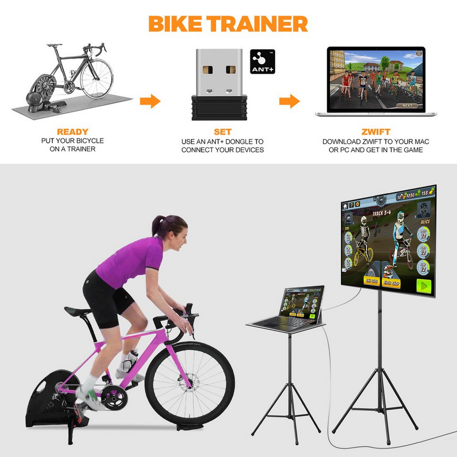 Configuración de entrenador de bicicleta: mujer en bici rosa, pantalla con juego ciclismo, instrucciones.