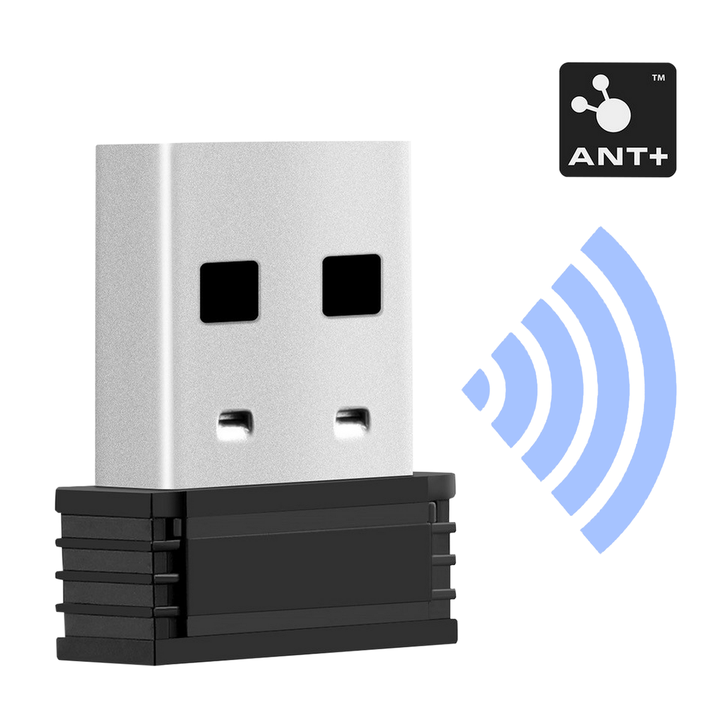 Adaptador USB ANT+ con un icono de señal azul sobre fondo negro.