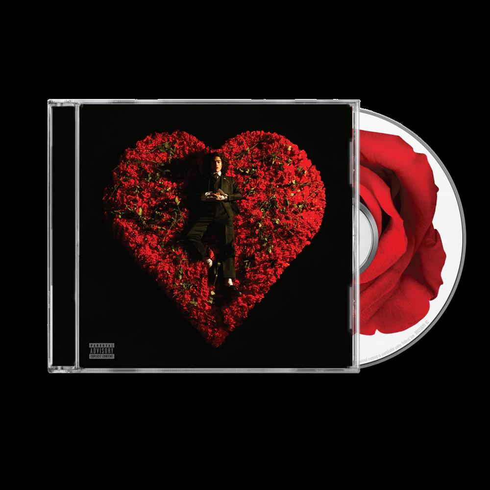 Albumcover, Mann liegt auf rotem Rosenherz, CD-Hülle, einzelne Rose.