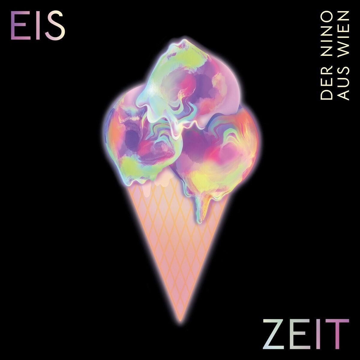 Eine Eiswaffel-Illustration mit mehrfarbigen Kugeln auf schwarzem Hintergrund. Text auf Deutsch.
