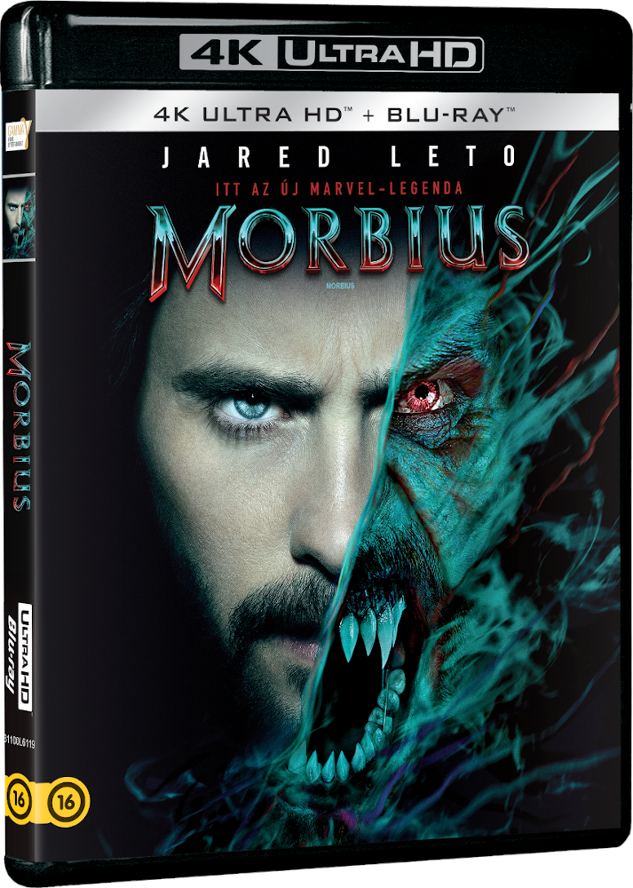 Morbius 4K Ultra HD Blu-ray borító. Jared Leto arca ketté van osztva egy szörny arcával. Sötét háttér.