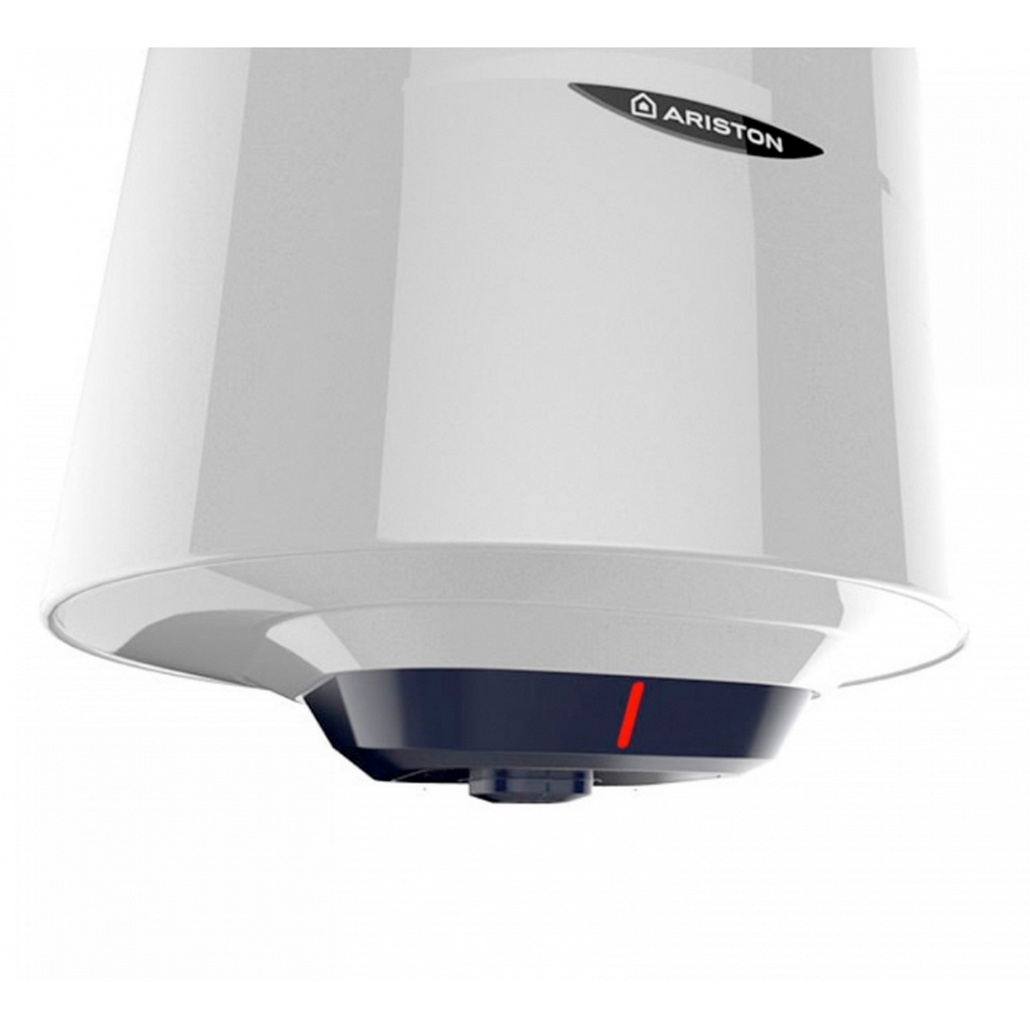 Primer plano de un calentador de agua blanco, con el logotipo de Ariston visible. Tiene una base azul oscuro y una luz roja.