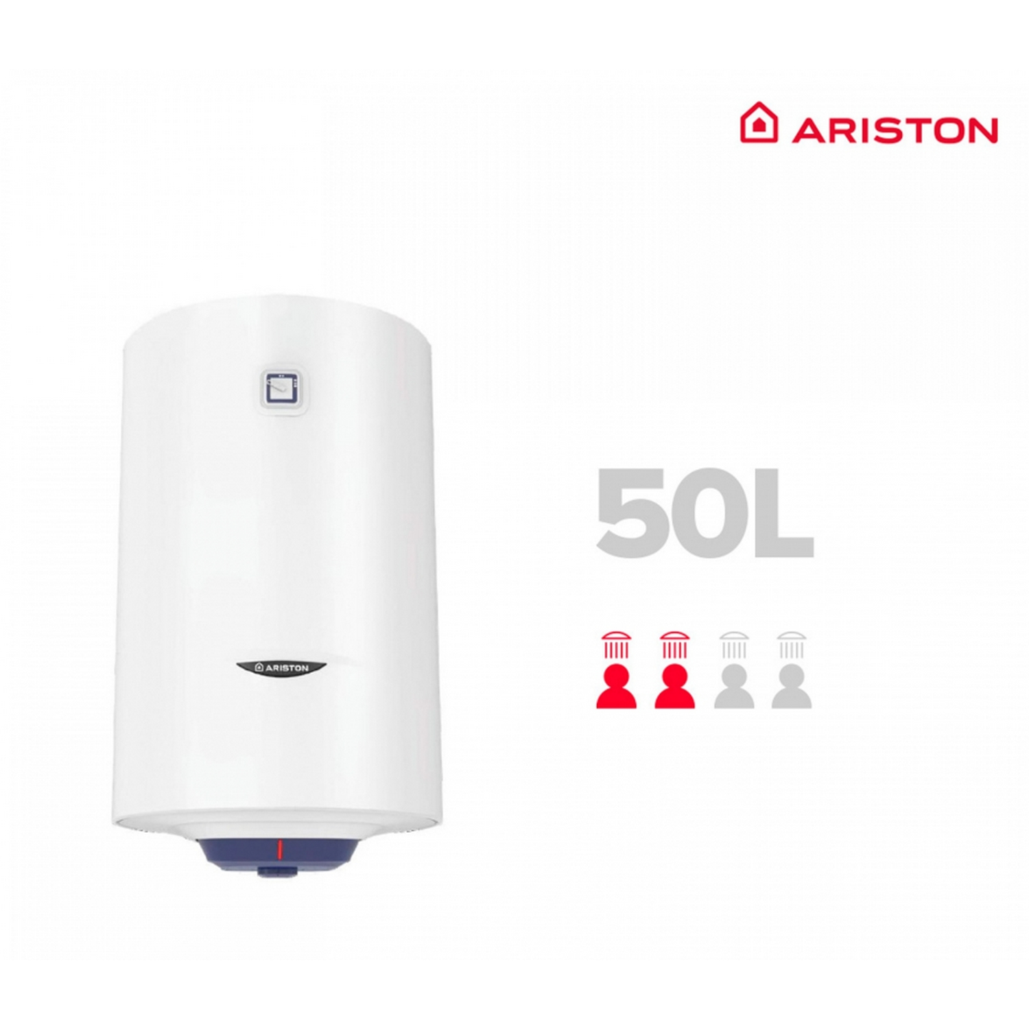 Un calentador de agua Ariston blanco, con un icono de personas rojo y gris.