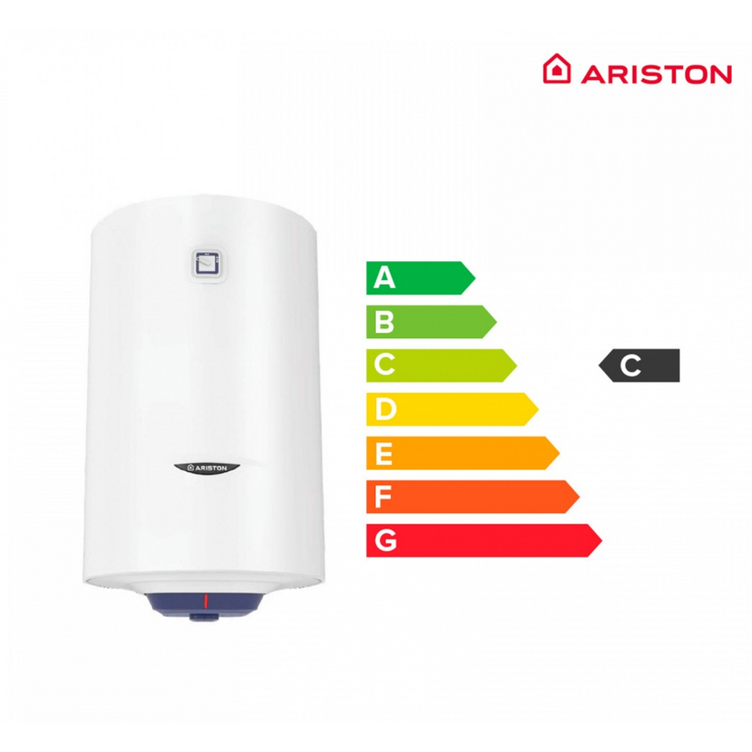 Calentador de agua blanco con etiqueta de eficiencia energética y calificación C.