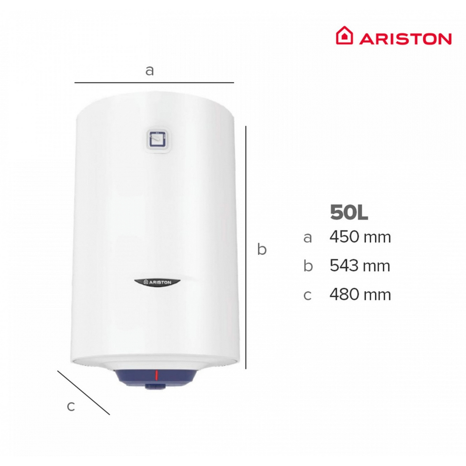 Calentador de agua Ariston blanco con dimensiones etiquetadas. Logotipo de la marca visible.
