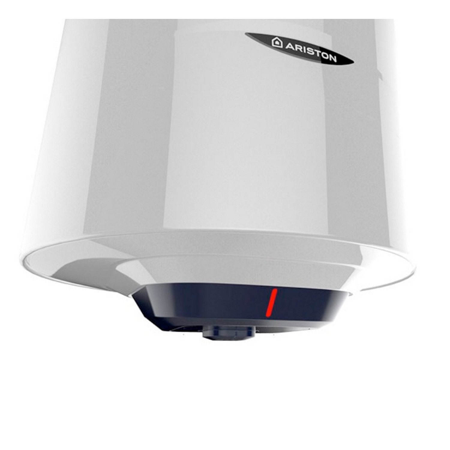 Calentador de agua blanco con el logotipo de Ariston y una luz indicadora roja.