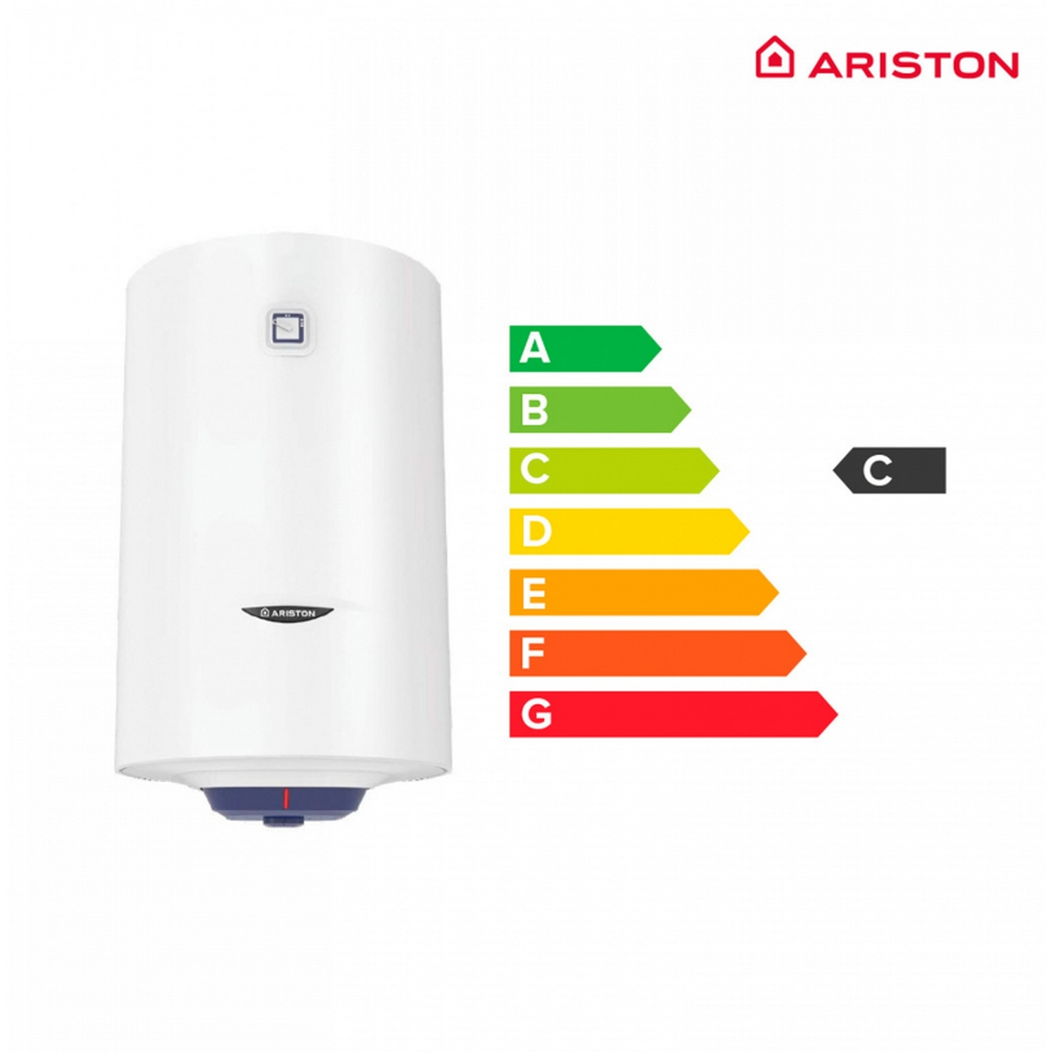 Calentador de agua blanco con etiquetas de eficiencia energética y logotipo Ariston.