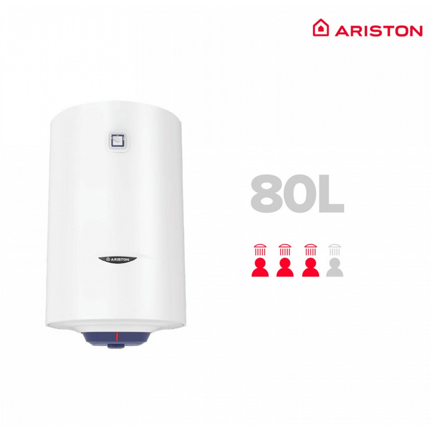 Un calentador de agua cilíndrico blanco con el logotipo de Ariston, el texto 80L y cuatro iconos de personas rojas y uno gris.