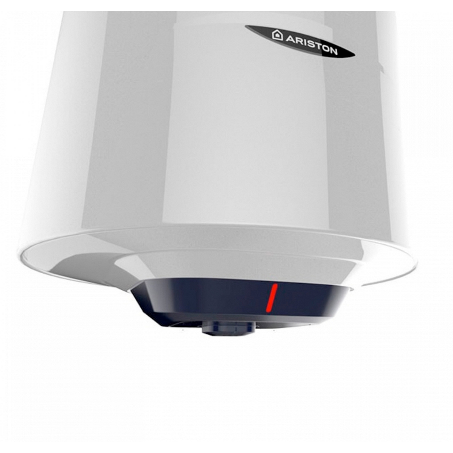 Calentador de agua blanco con luz indicadora roja y el logotipo de Ariston.