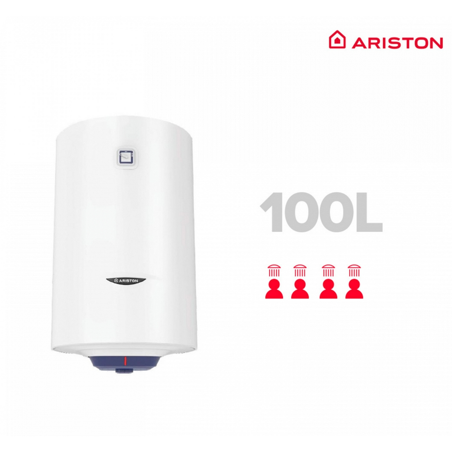 Calentador de agua blanco de 100L con iconos de uso de agua.