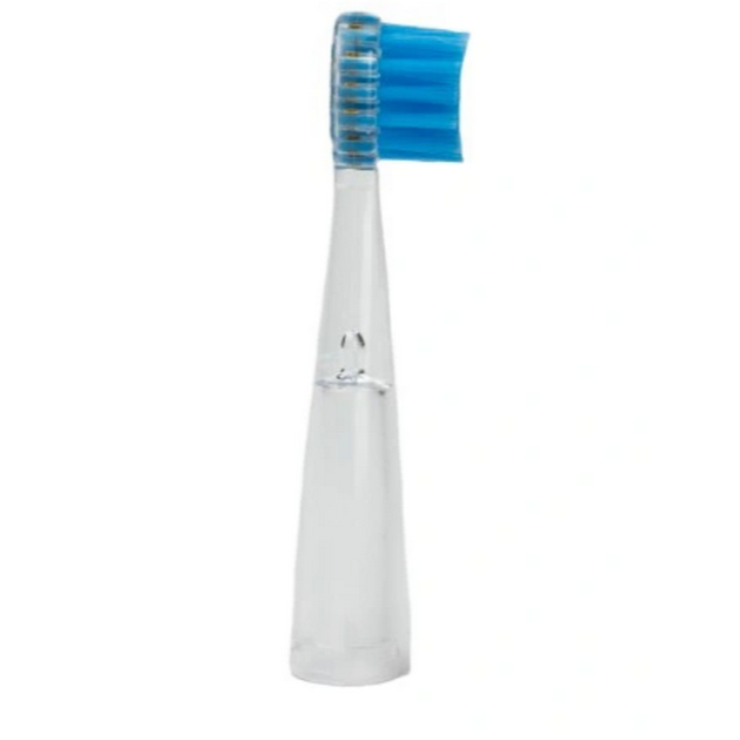 Primer plano de un cabezal de cepillo de dientes transparente con cerdas azules. Fondo blanco.