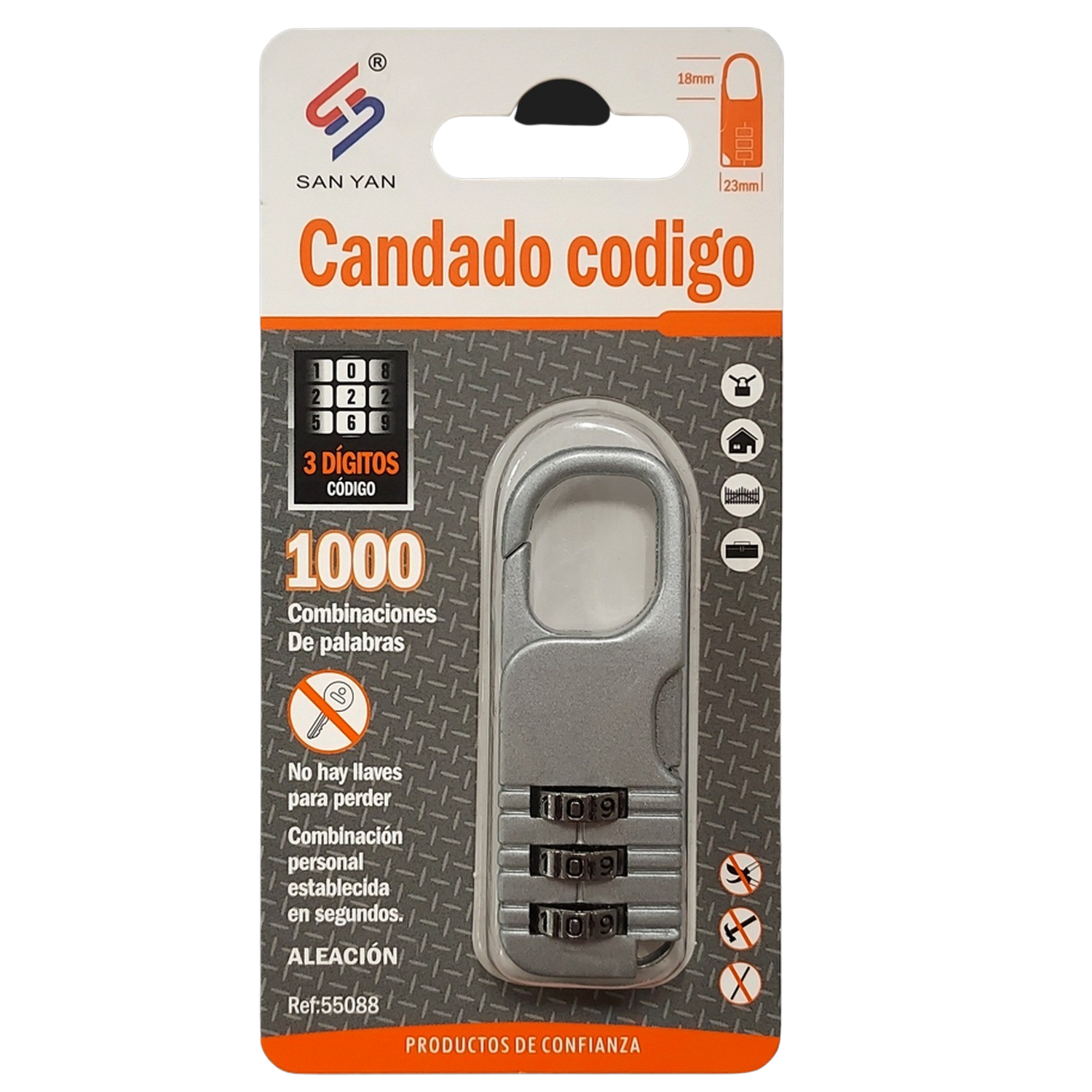Paquete de candado de código San Yan. Candado plateado con embalaje blanco y negro, dígitos visibles.