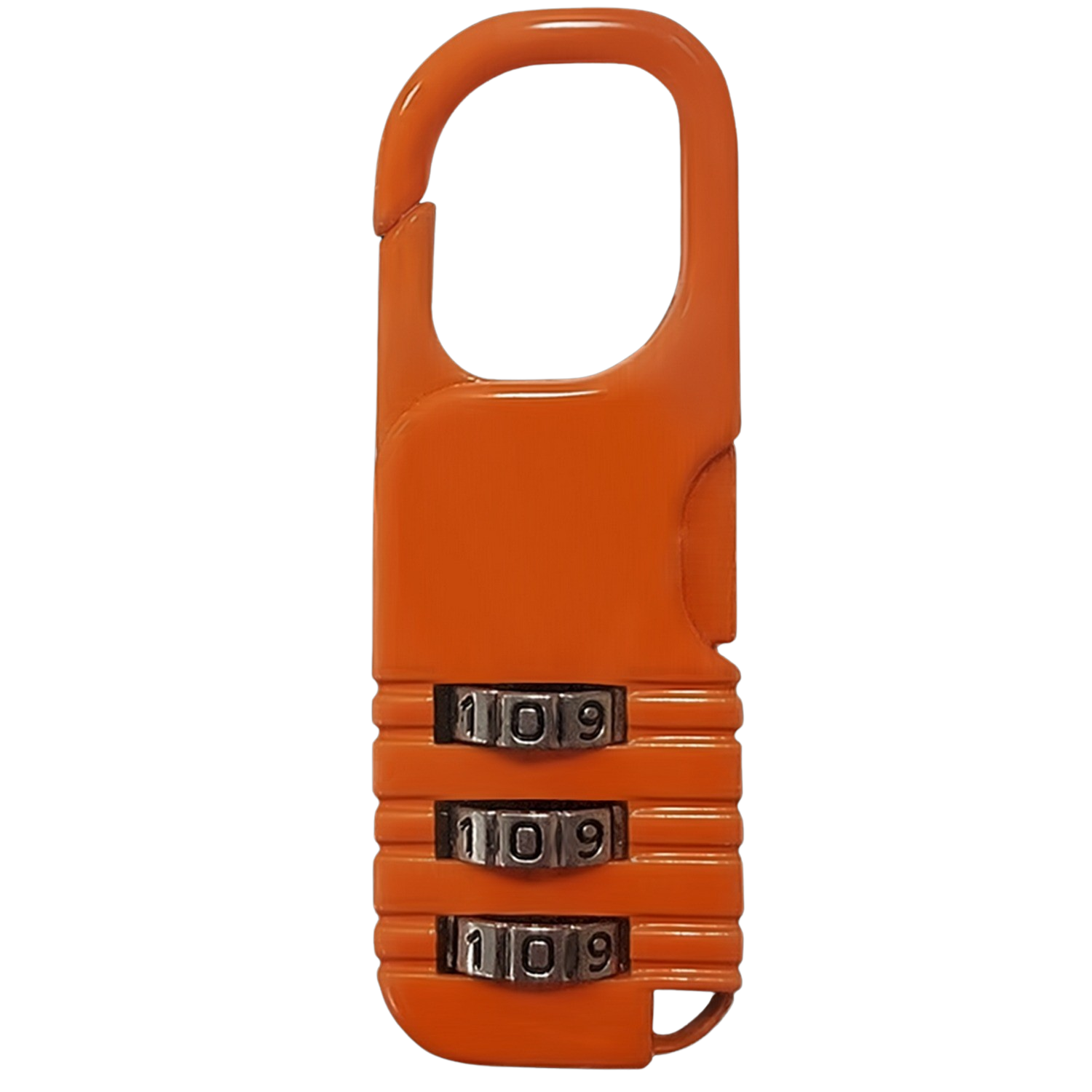 Candado de combinación naranja con tres diales numerados y un cierre metálico.