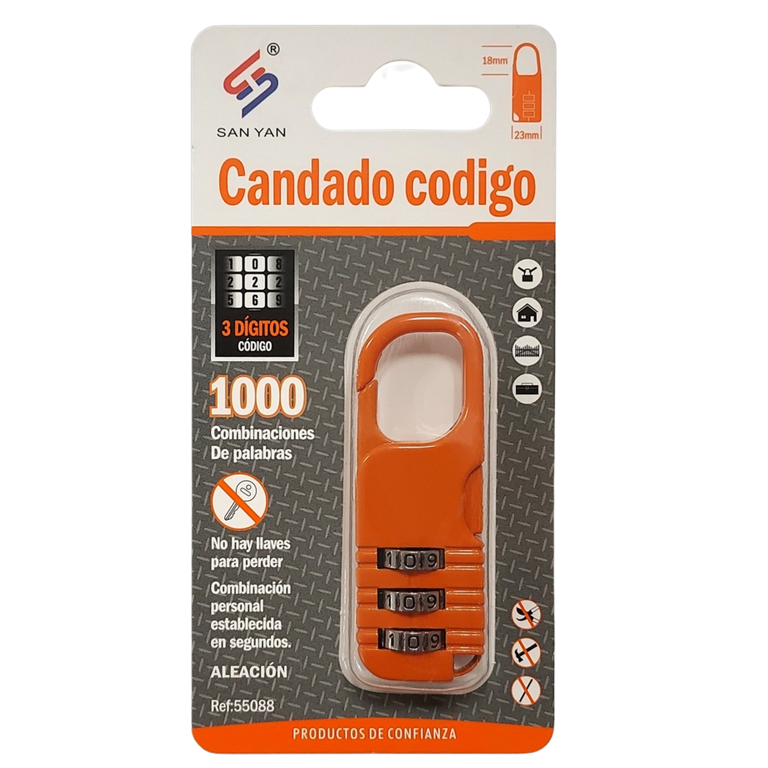 Candado de combinación naranja con números y detalles del embalaje.