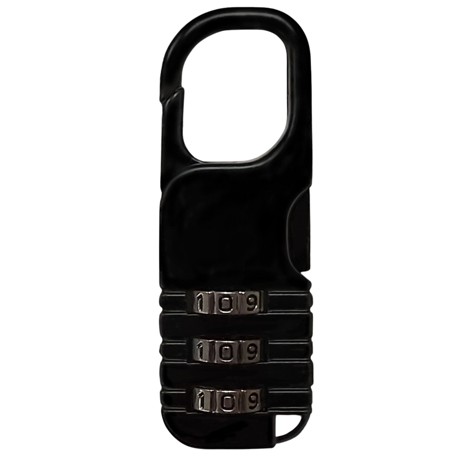 Un candado de combinación negro con tres diales que muestran el número 109.