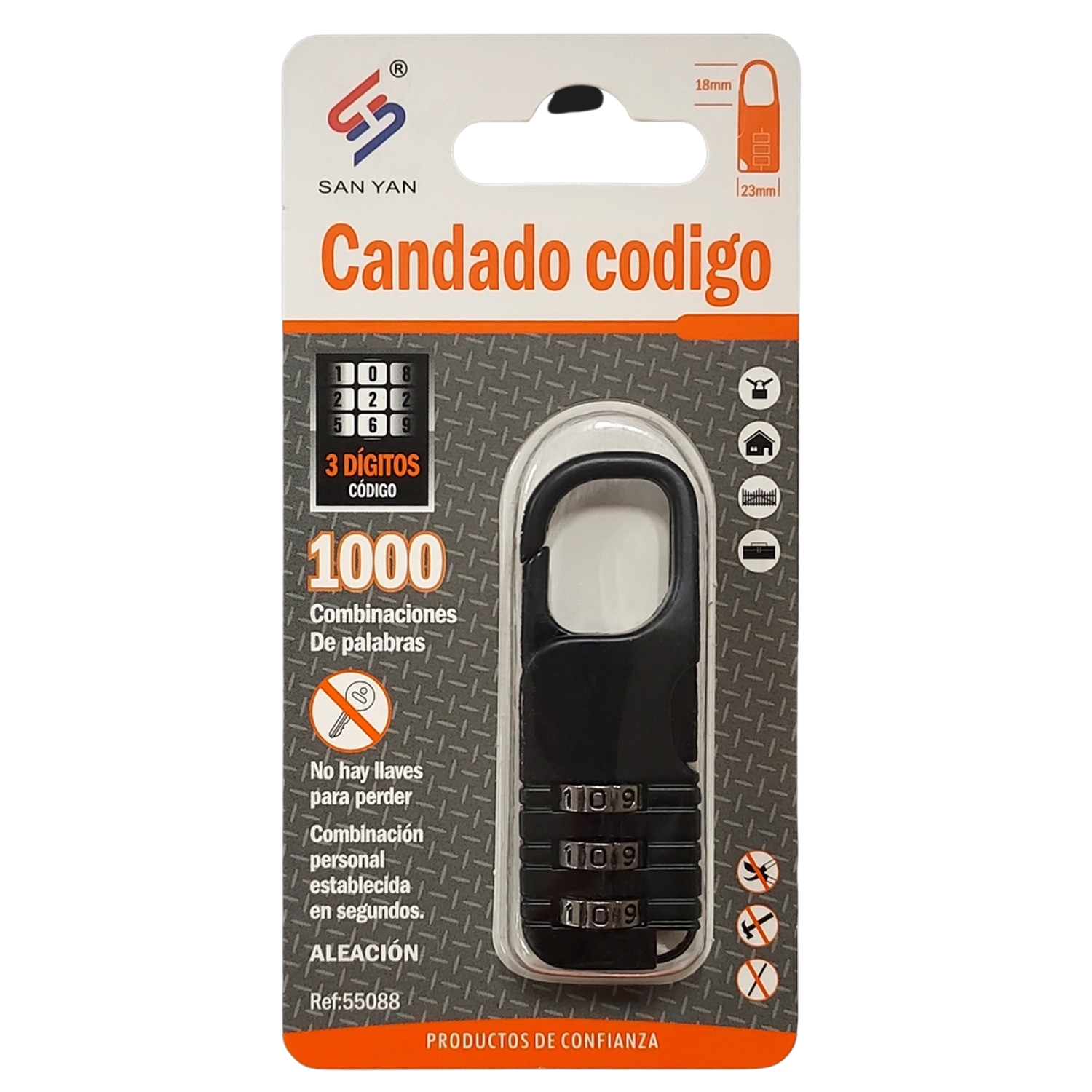 Paquete de cerradura. Cerradura negra con ruedas de código. Texto en español: Candado codigo. Logotipo de San Yan visible.