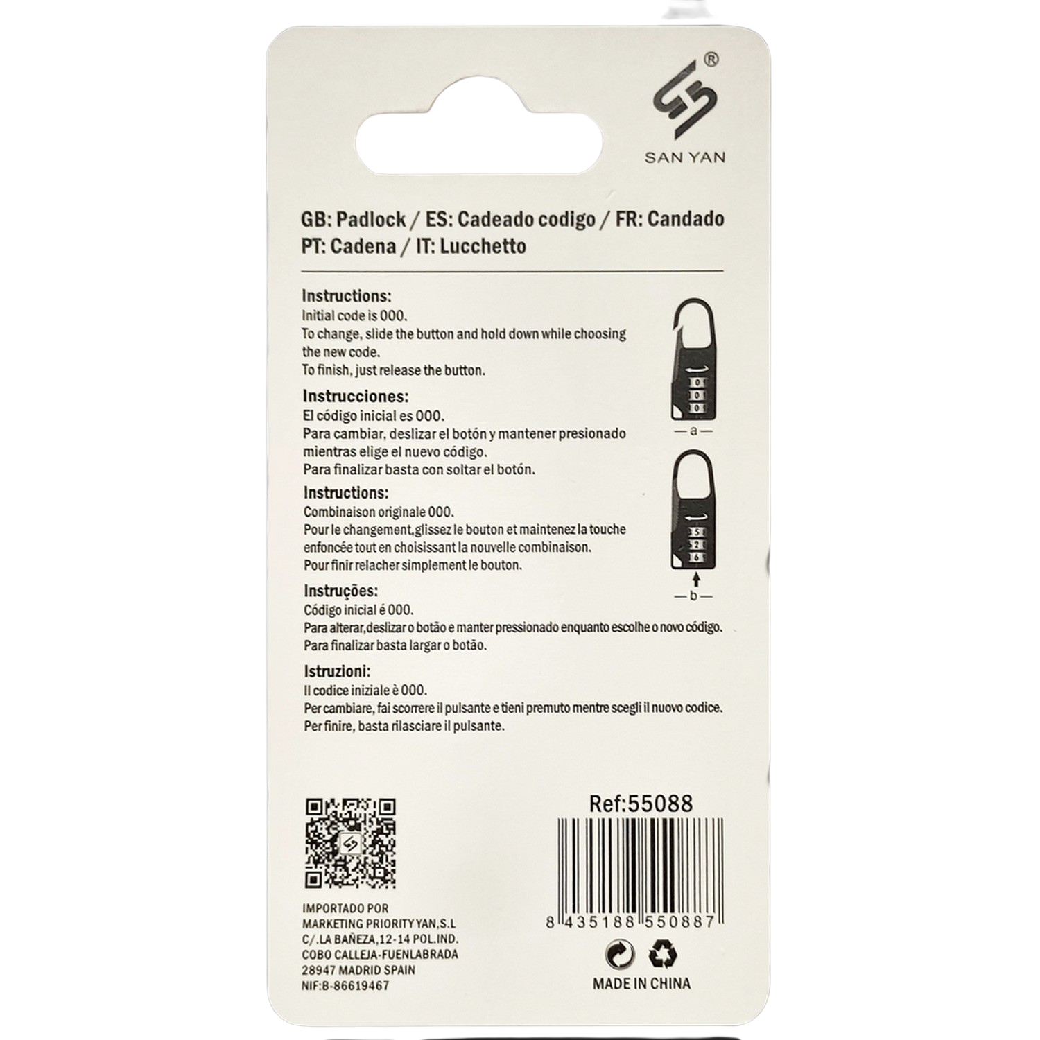 Empaque de candado en blanco y negro con instrucciones en varios idiomas.