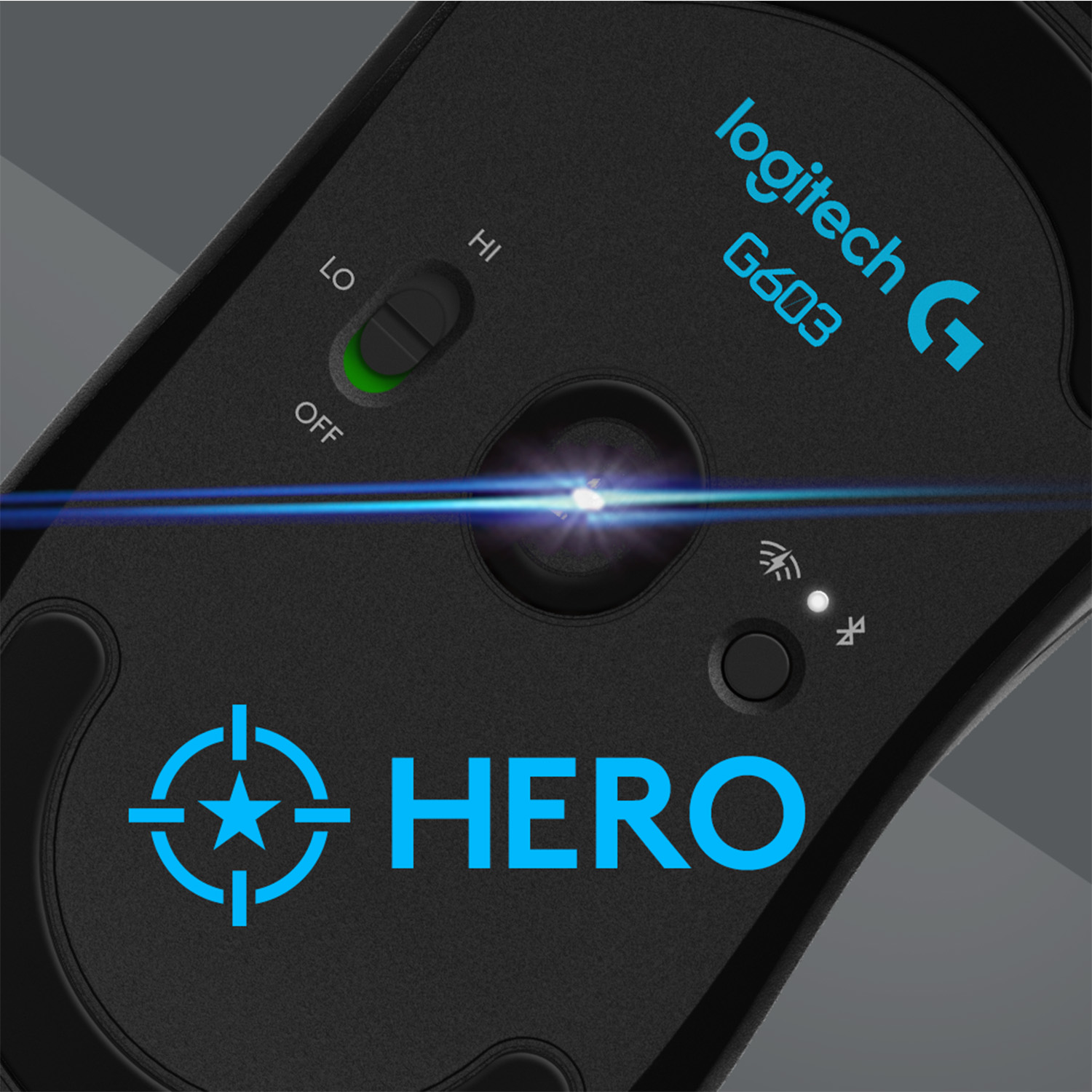 Ratón Logitech G603 negro. Texto y logo 'HERO' azul visibles. Tiene botón de encendido y DPI.