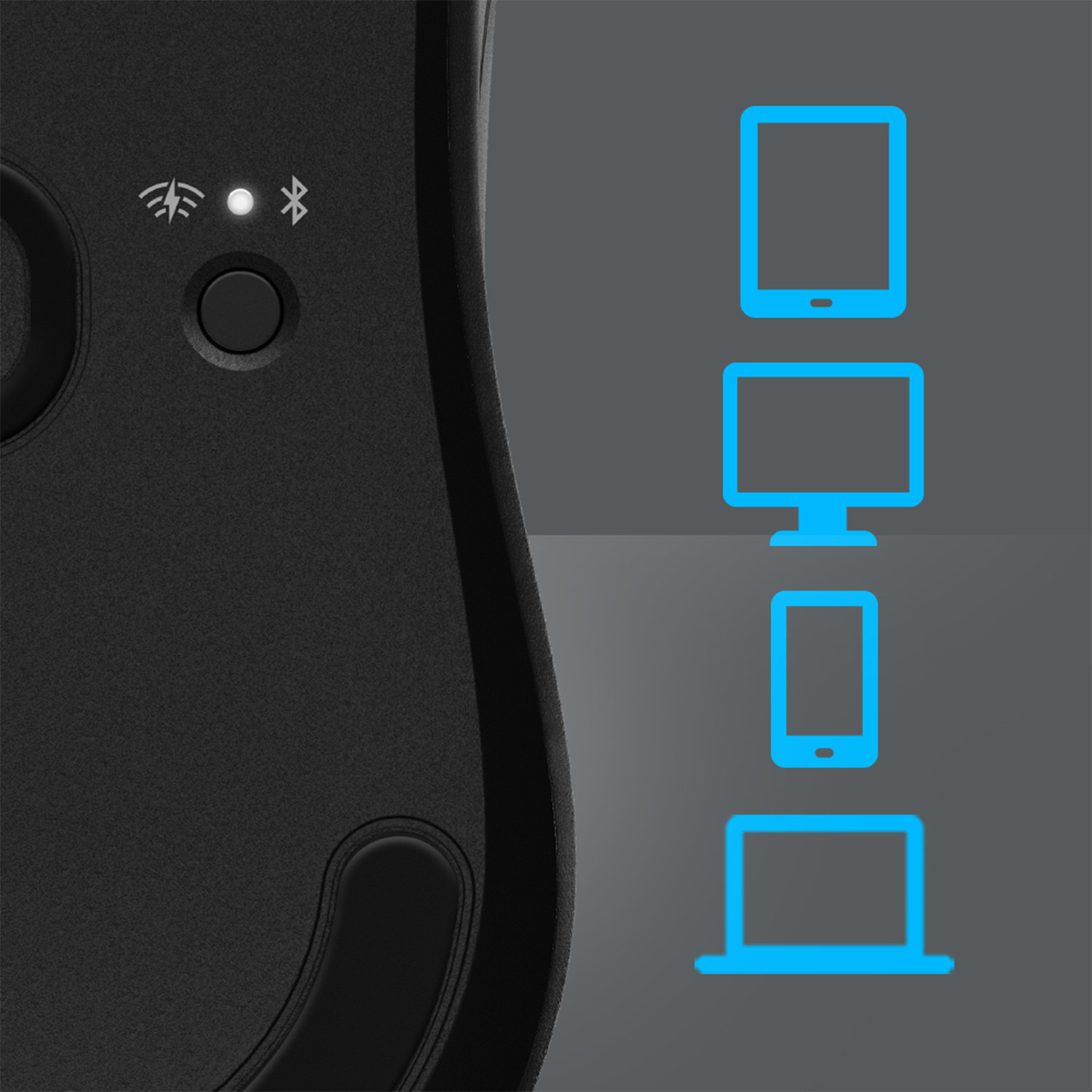 Ratón de ordenador negro con un botón y tres iconos de dispositivos en fila: tableta, monitor, teléfono y portátil.