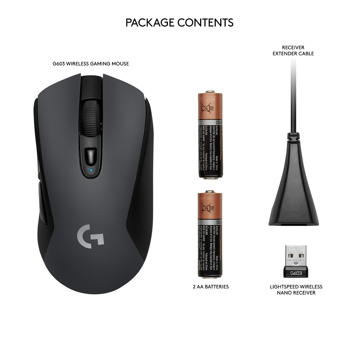 Contenido del paquete: ratón inalámbrico, pilas, receptor y cable de extensión sobre fondo blanco.