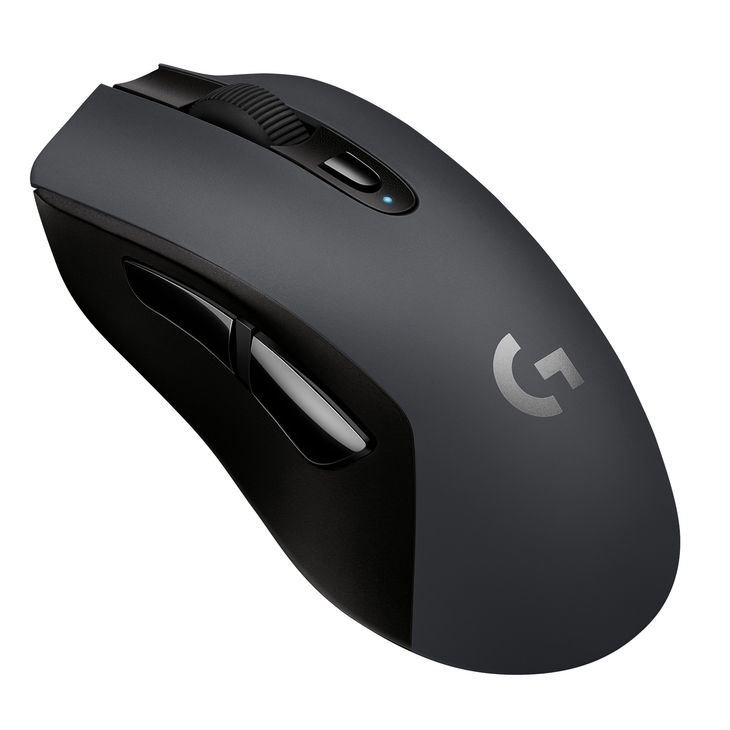 Ratón inalámbrico Logitech gris oscuro con rueda de desplazamiento y botones laterales, logo visible.