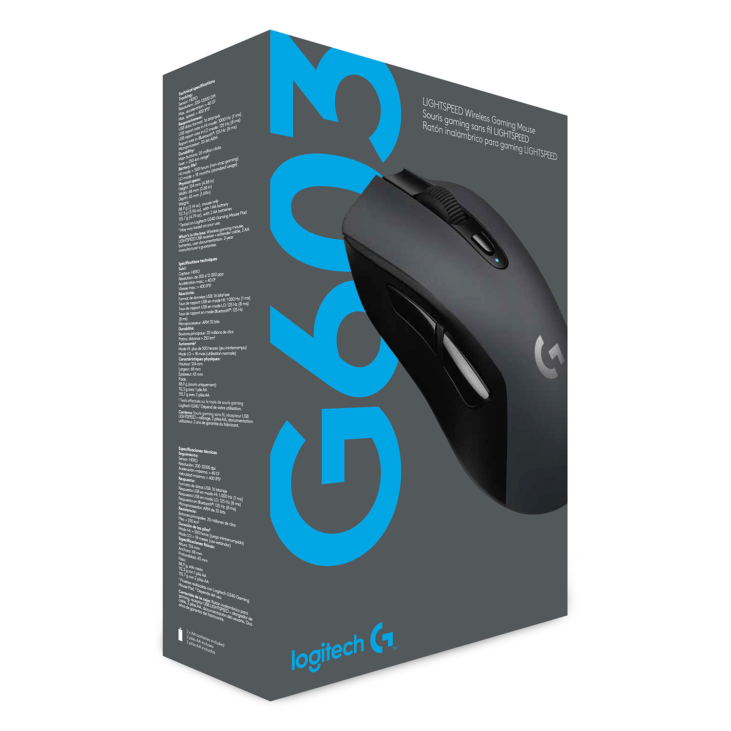 Ratón gaming negro en caja, con especificaciones. Logotipo Logitech G visible.