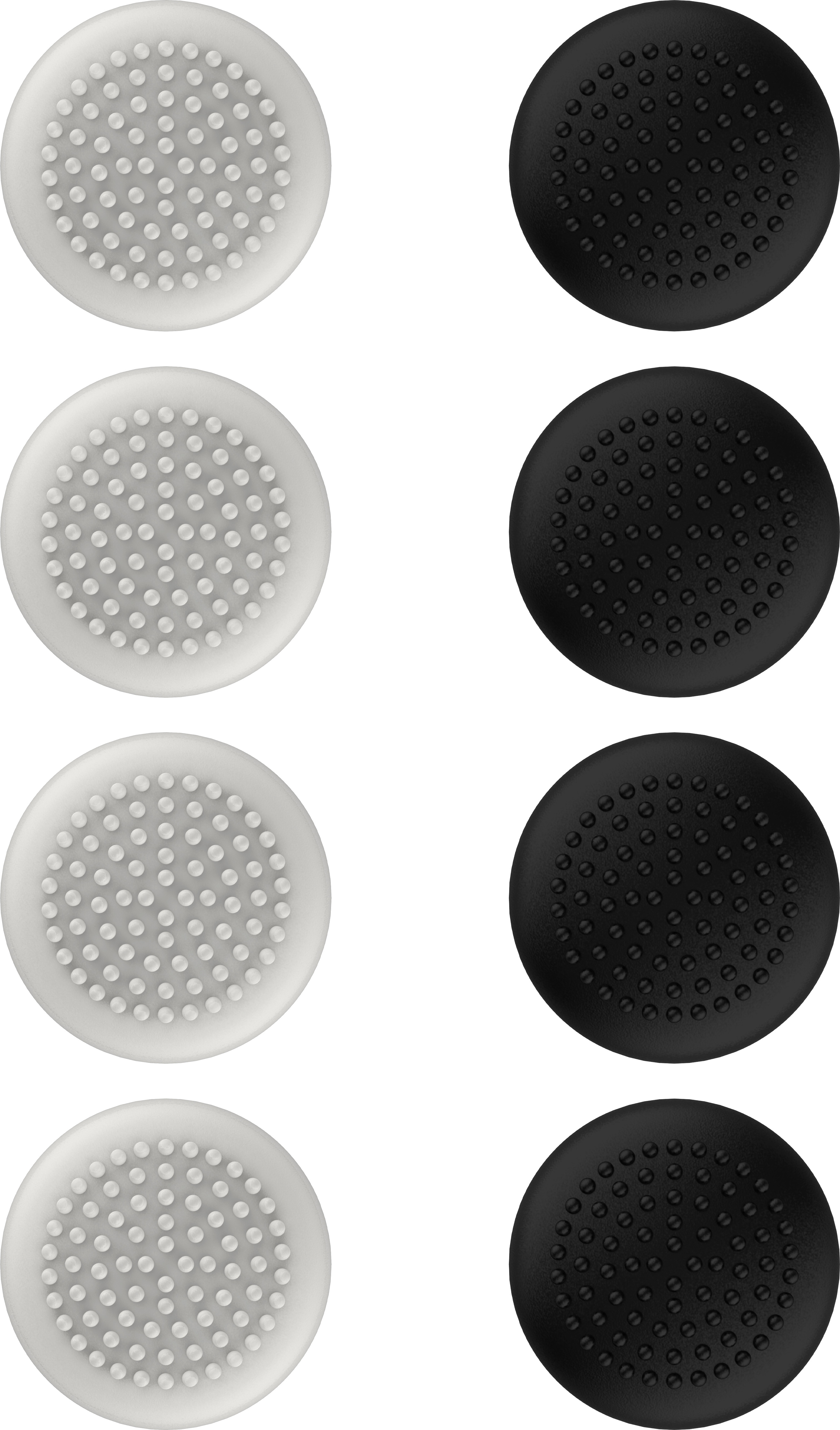 Witte en zwarte joystick duimgrepen met getextureerde oppervlakken.