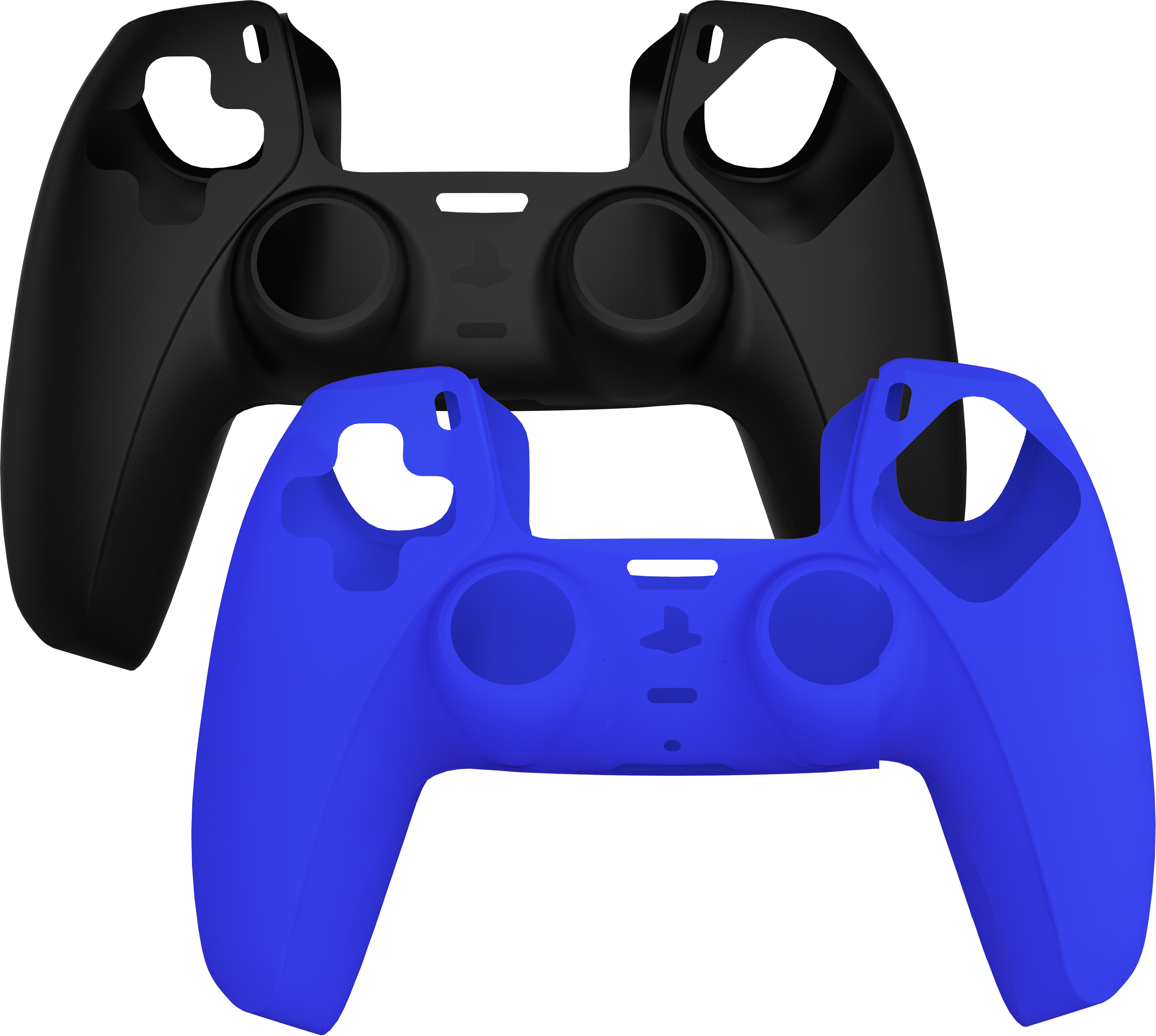 Twee controllerhoezen, een zwarte en een blauwe, voor een gameconsole.