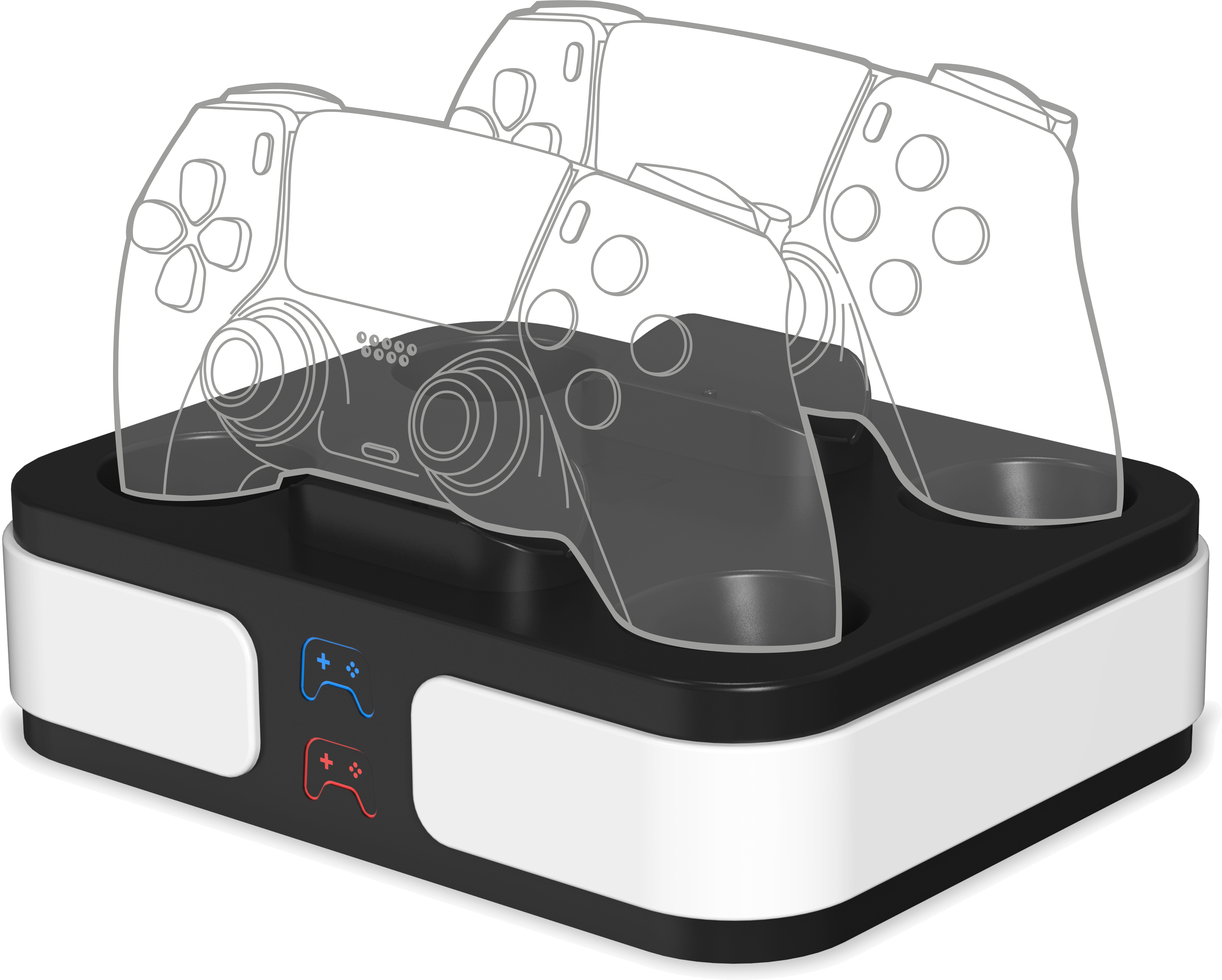 Zwart-wit oplaadstation met twee controllers erboven, transparant.
