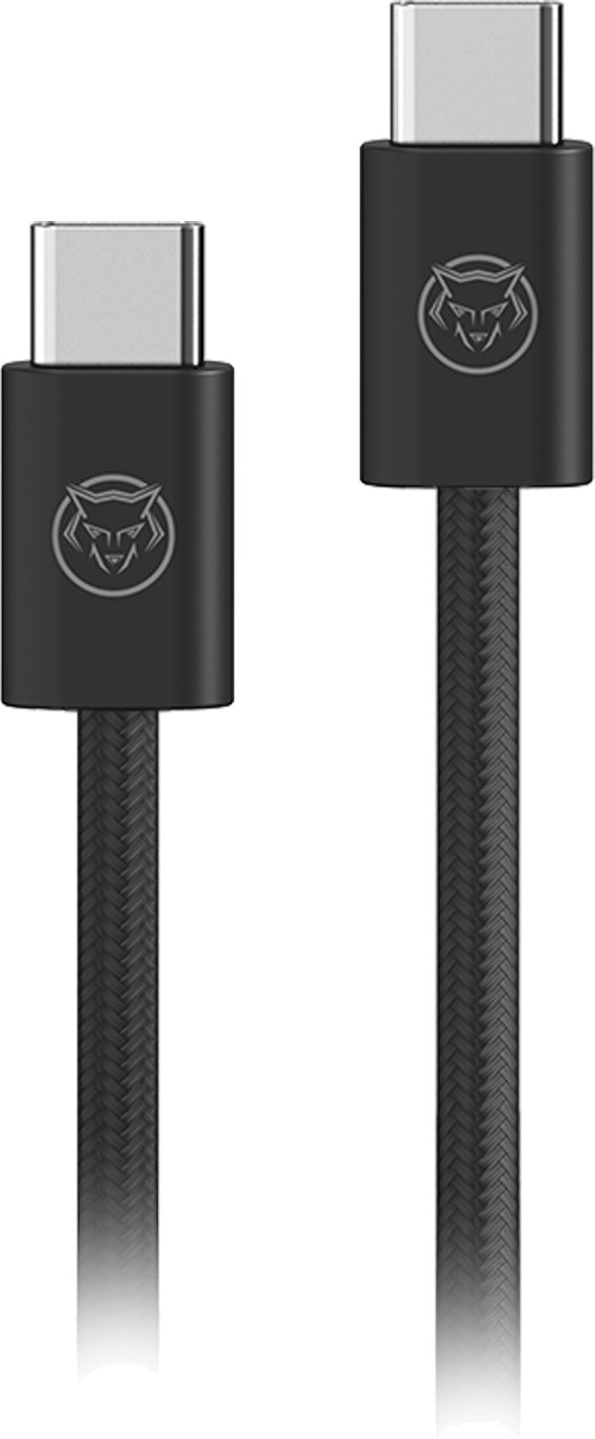 Zwarte USB-C-kabel met zilveren connectoren en een gevlochten ontwerp.