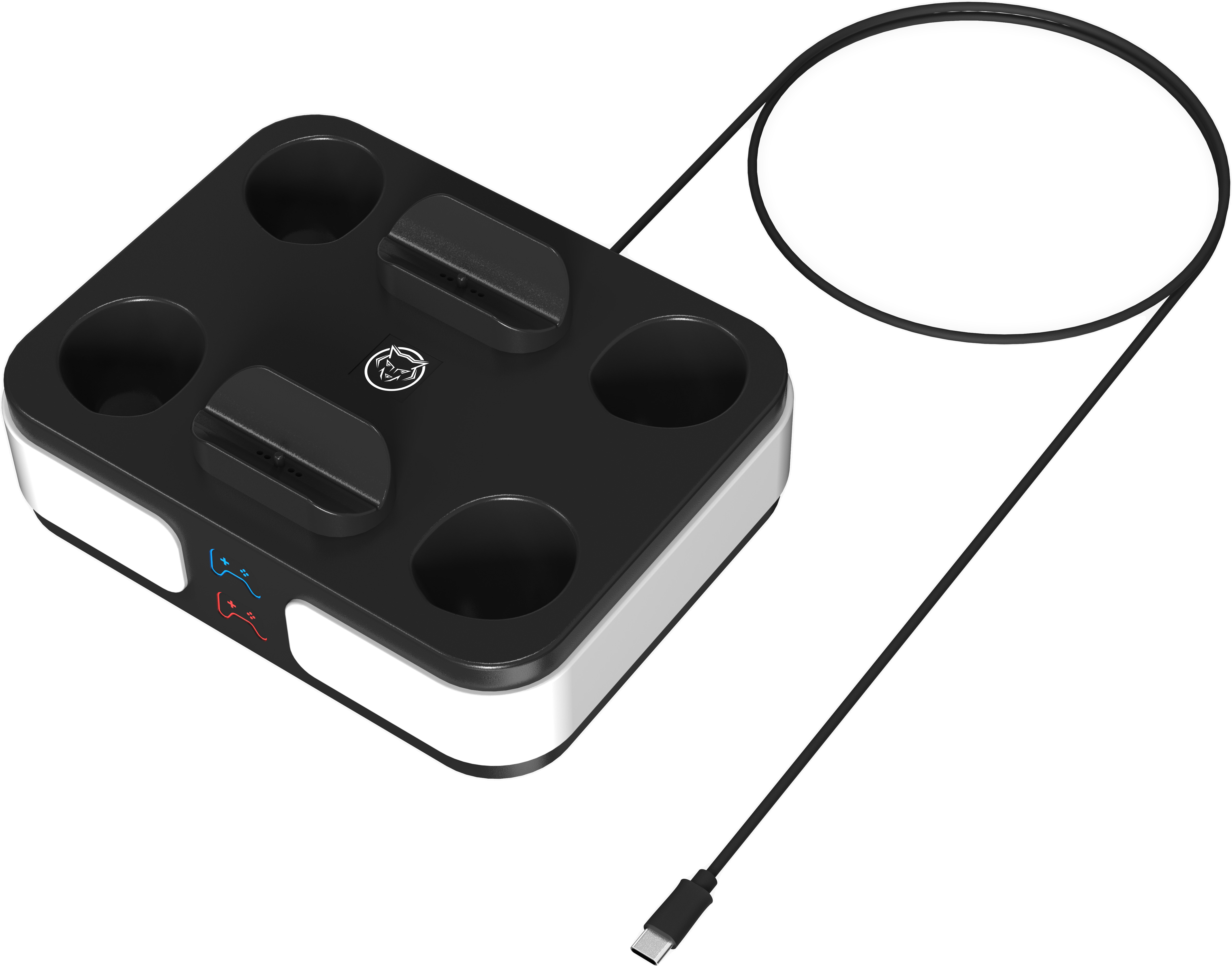 Zwart-wit oplaadstation voor gamecontrollers met meerdere sleuven en een USB-kabel.