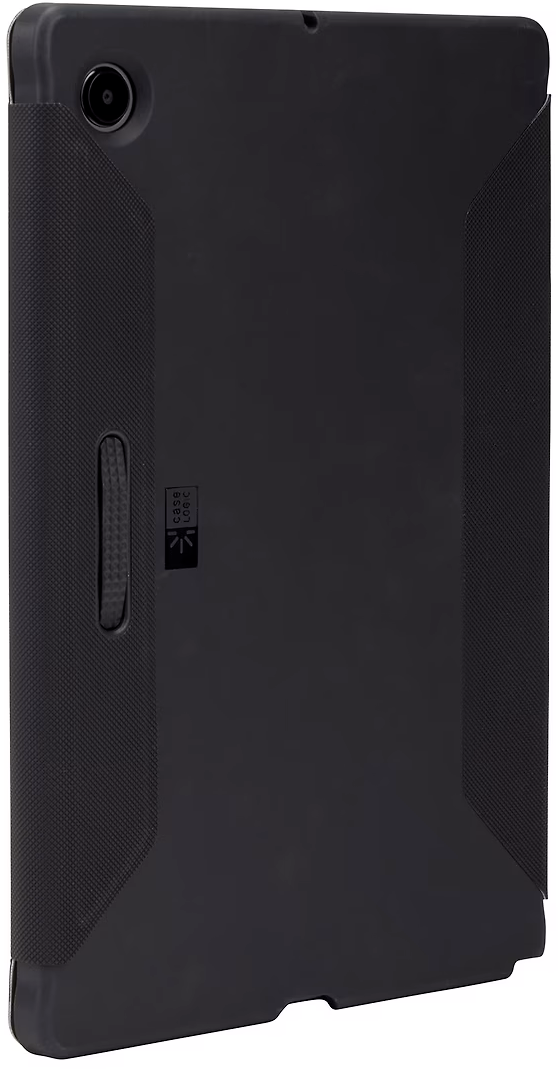 Black tablet case with a textured design and a camera cutout.