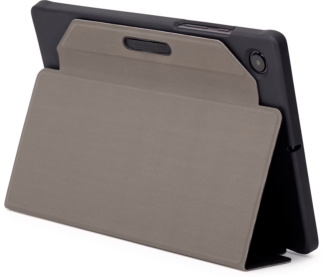 Tablet with a case, showing the rear camera, in a stand.