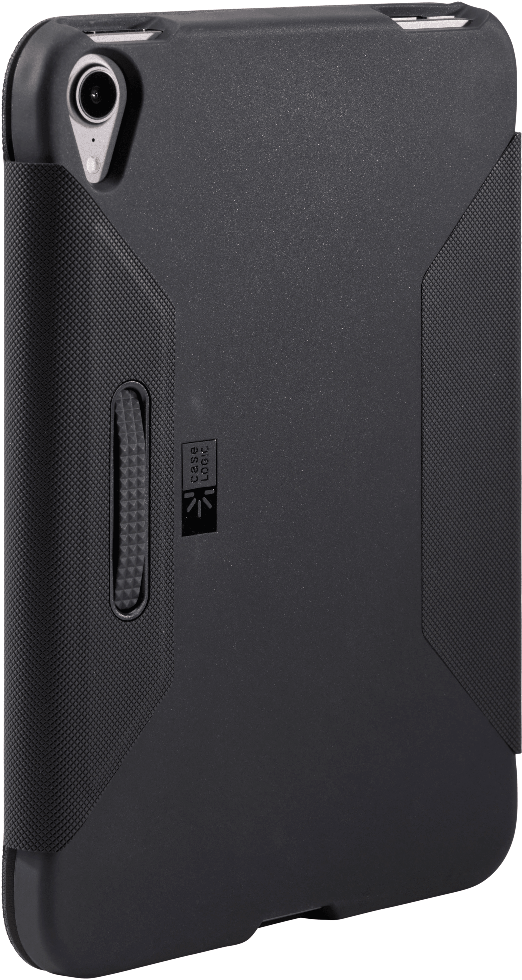 Black iPad case with a textured grip and camera cutout.