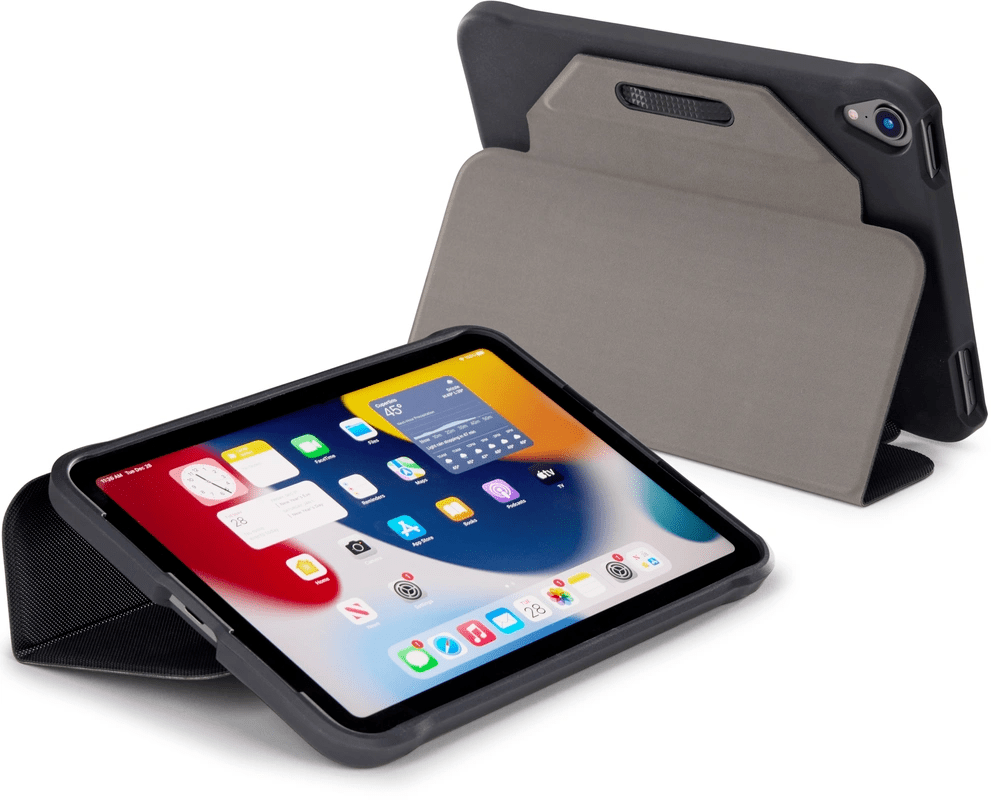 iPad mini in a case, open and closed, showing the screen and the case's design.